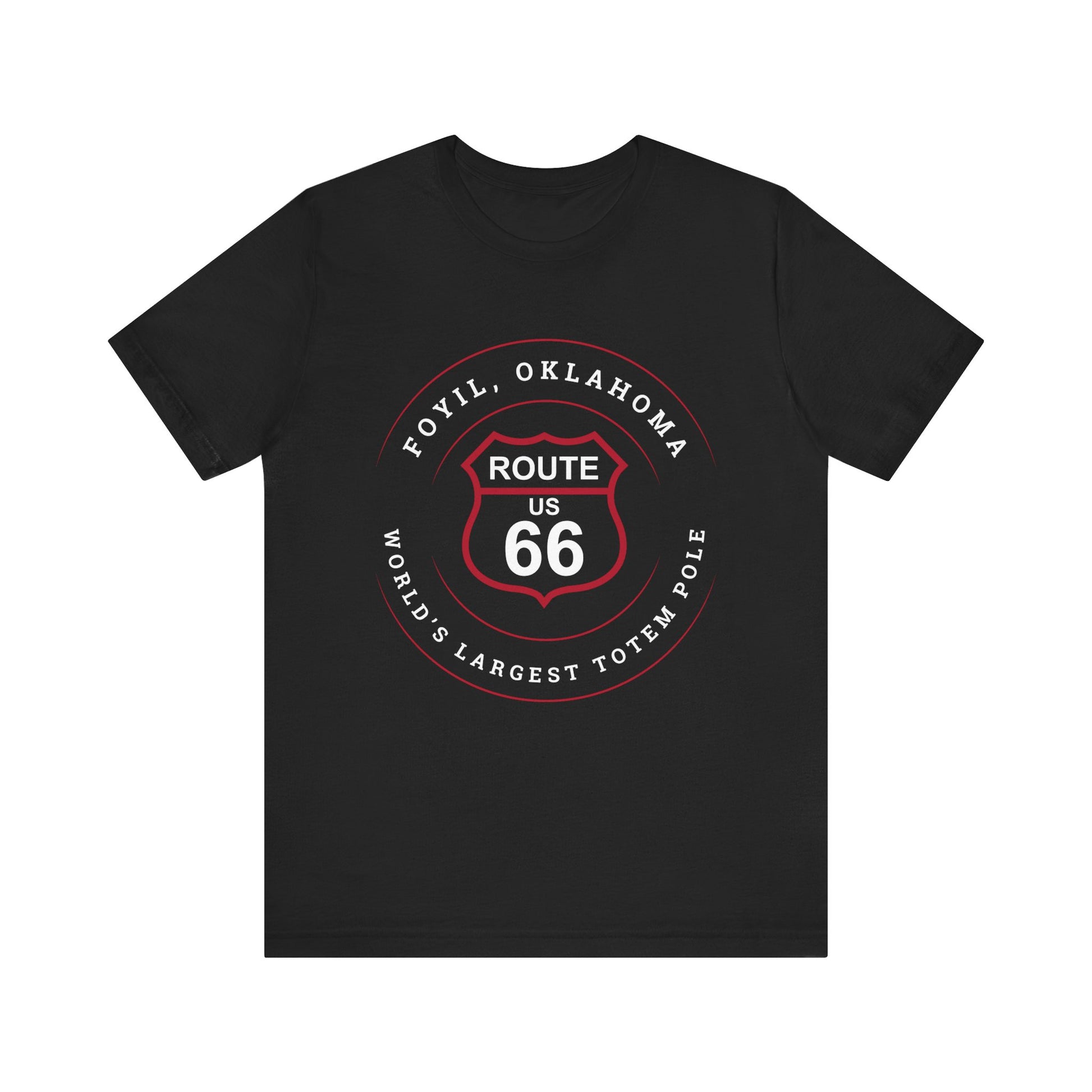 Black retro Route 66 unisex jersey tee with Foyil, OK "World's Largest Totem Pole" design