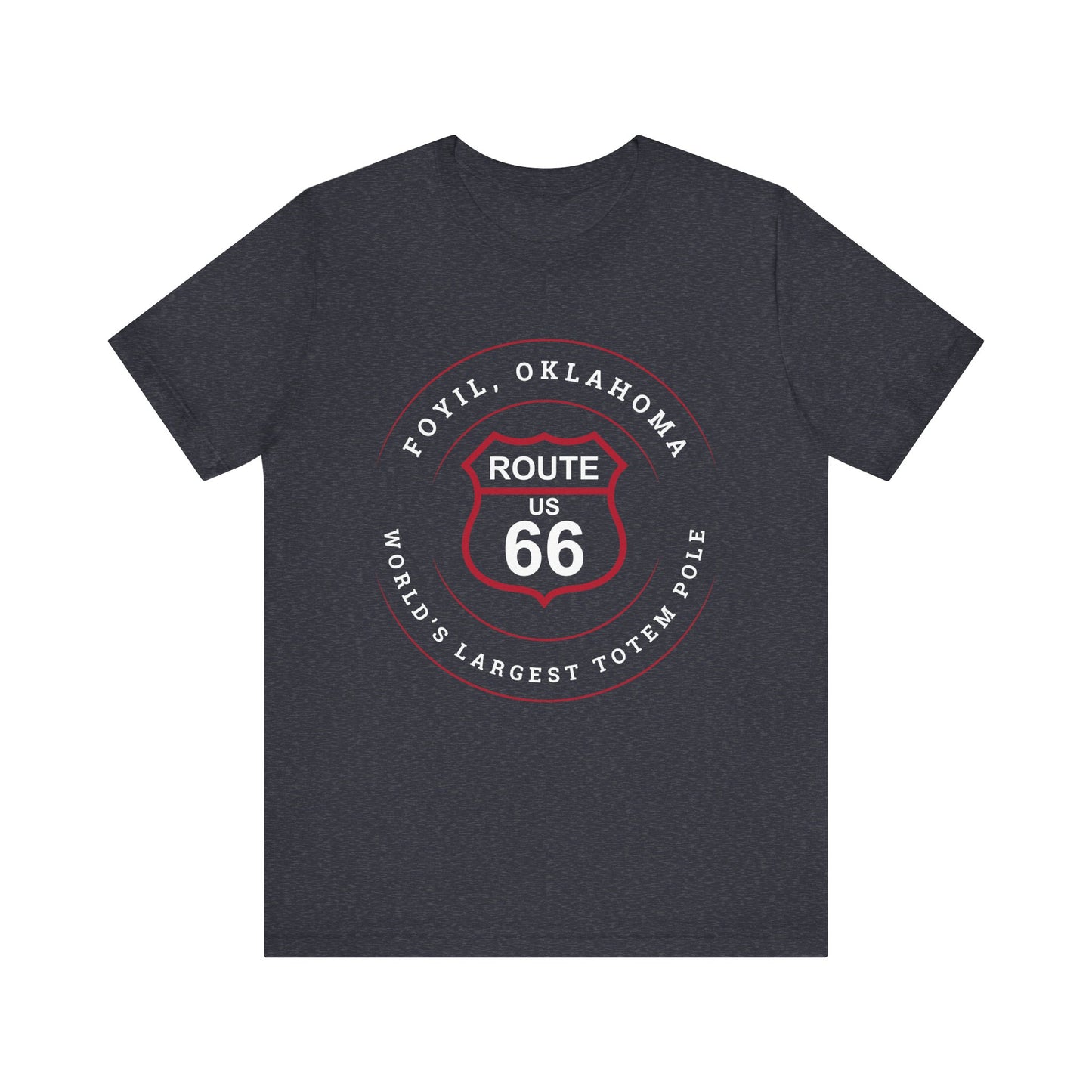 Heather navy retro Route 66 unisex jersey tee with Foyil, OK "World's Largest Totem Pole" design