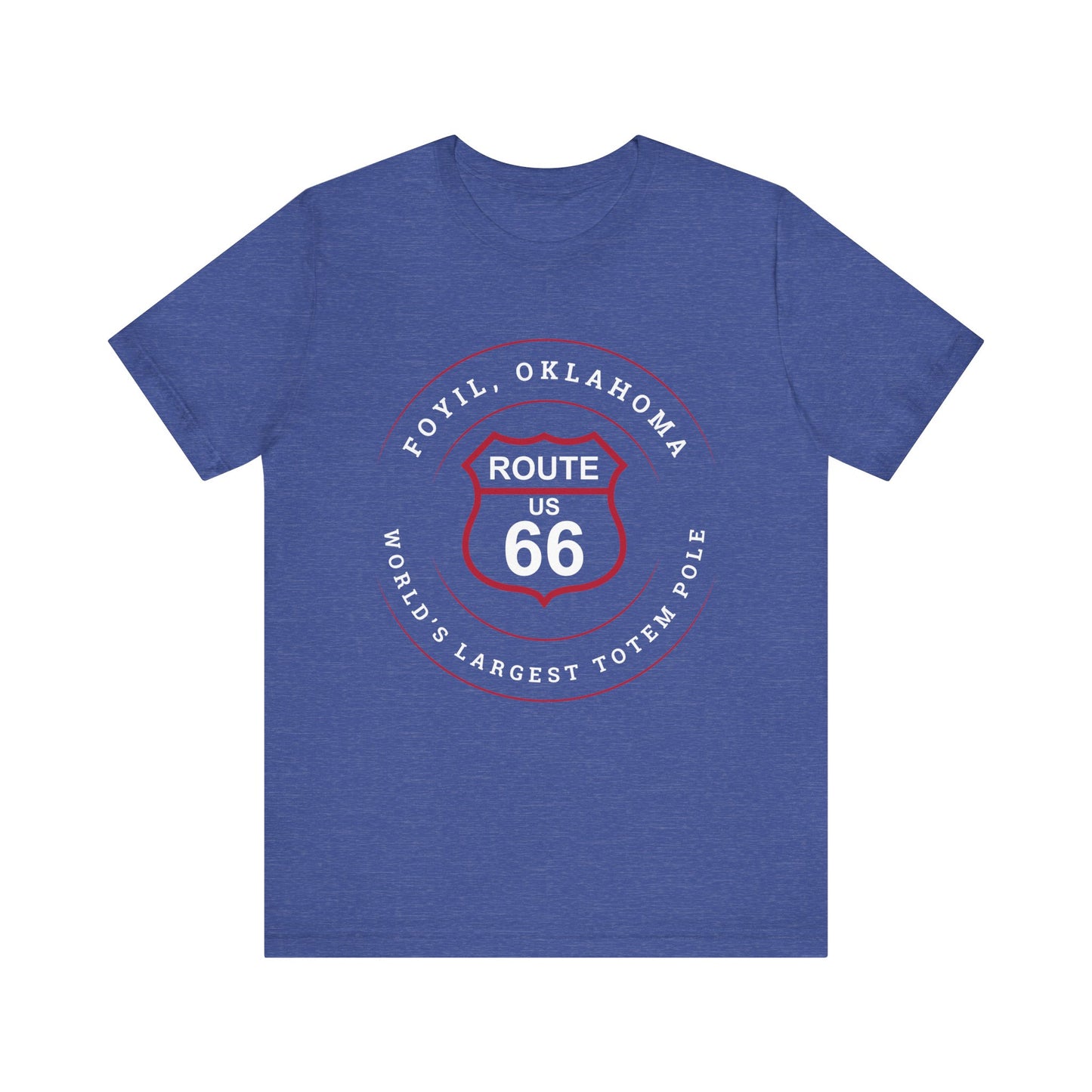 Heather team royal retro Route 66 unisex jersey tee with Foyil, OK "World's Largest Totem Pole" design