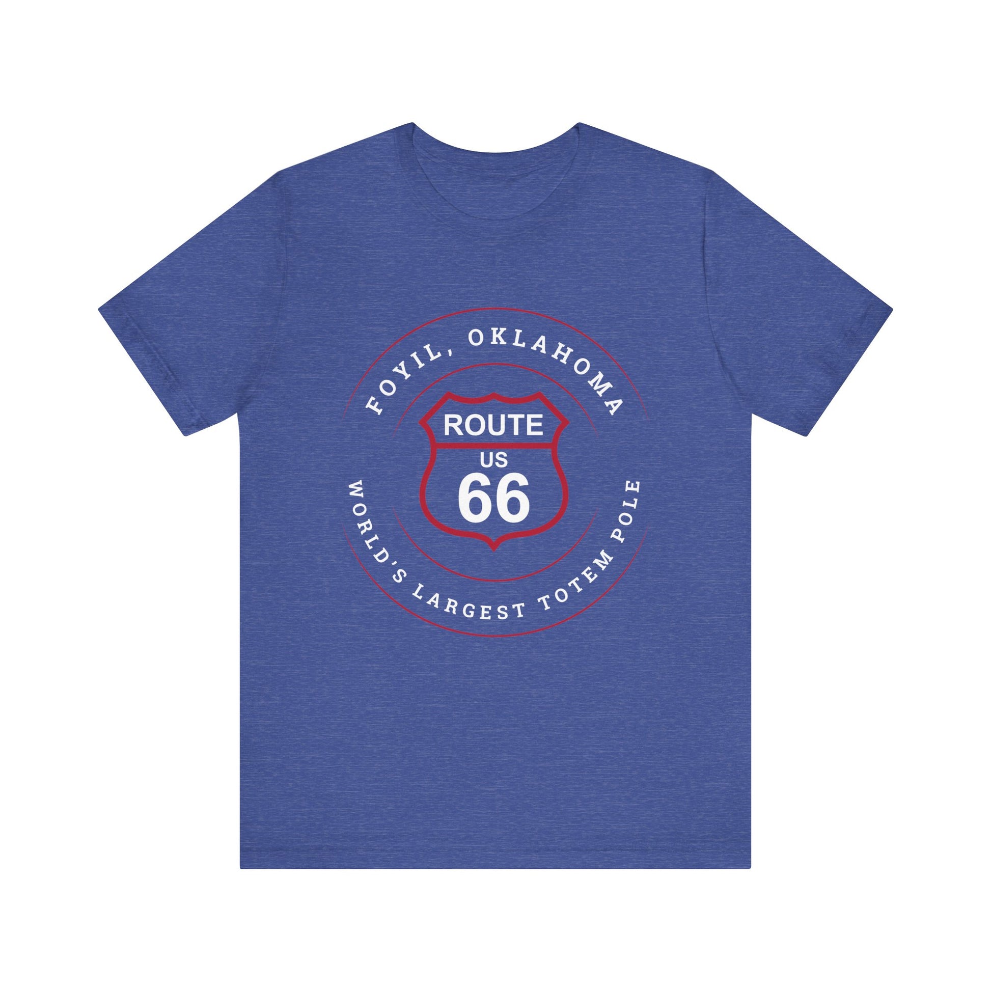 Heather team royal retro Route 66 unisex jersey tee with Foyil, OK "World's Largest Totem Pole" design