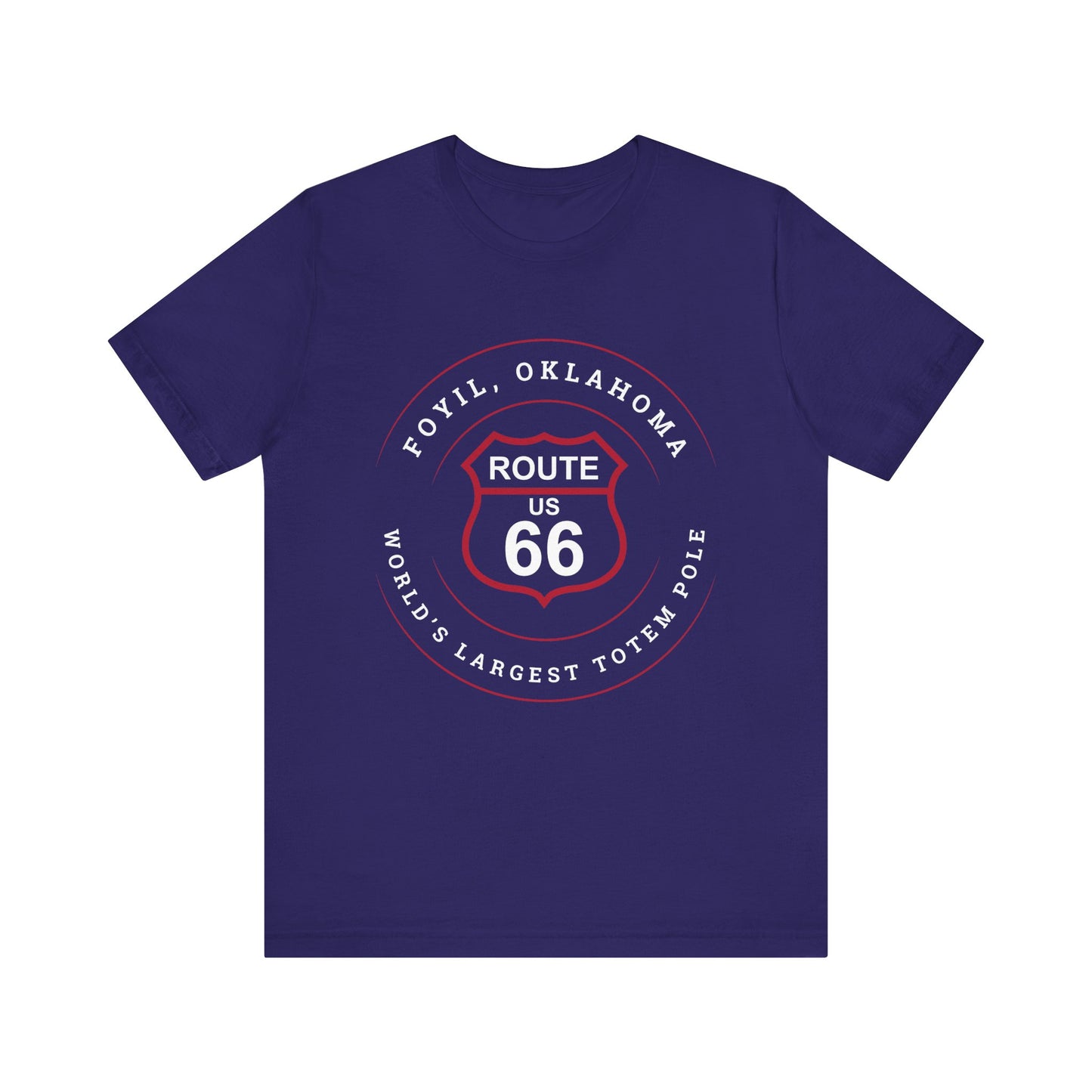 Team navy retro Route 66 unisex jersey tee with Foyil, OK "World's Largest Totem Pole" design