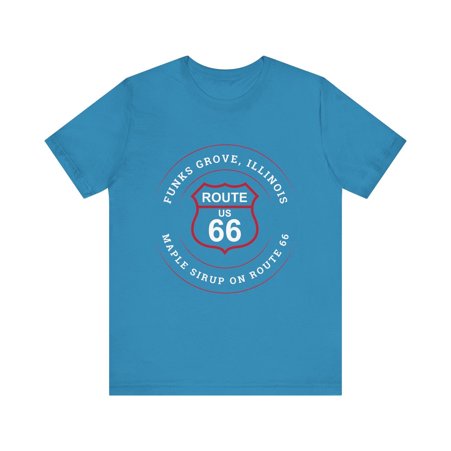 Aqua retro Route 66 unisex jersey tee with Funks Grove, IL: "Maple Sirup on Route 66" design