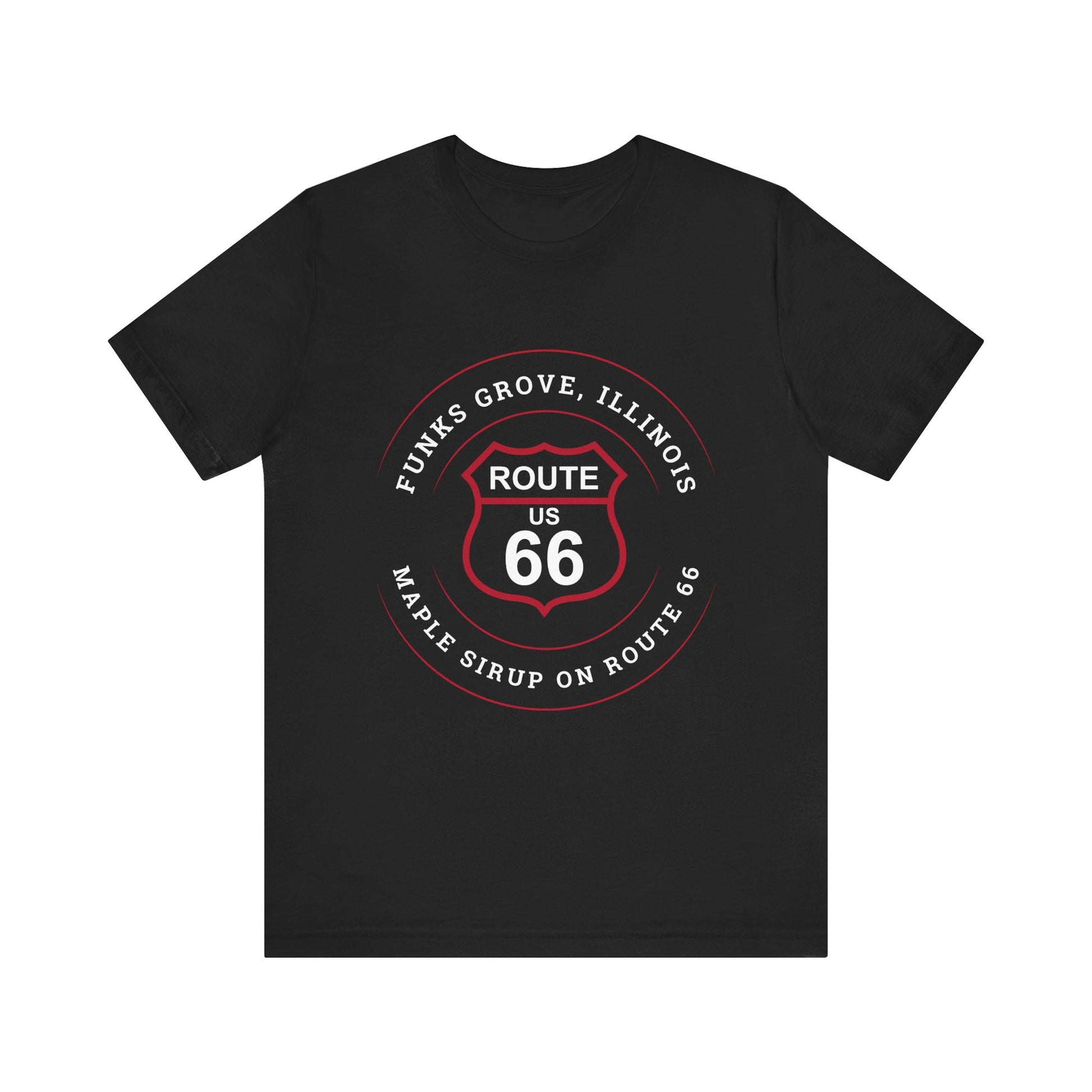 Black retro Route 66 unisex jersey tee with Funks Grove, IL: "Maple Sirup on Route 66" design