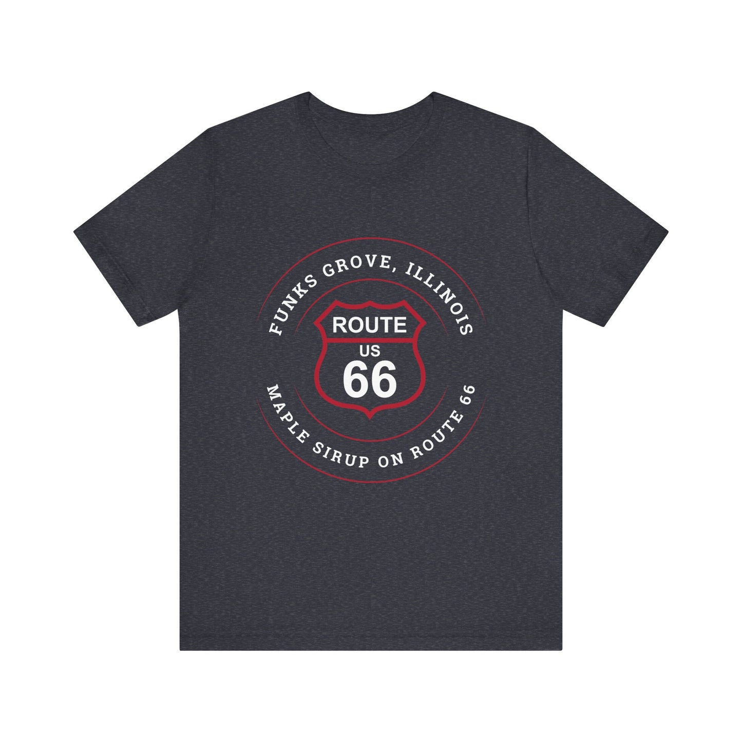 Heather navy retro Route 66 unisex jersey tee with Funks Grove, IL: "Maple Sirup on Route 66" design