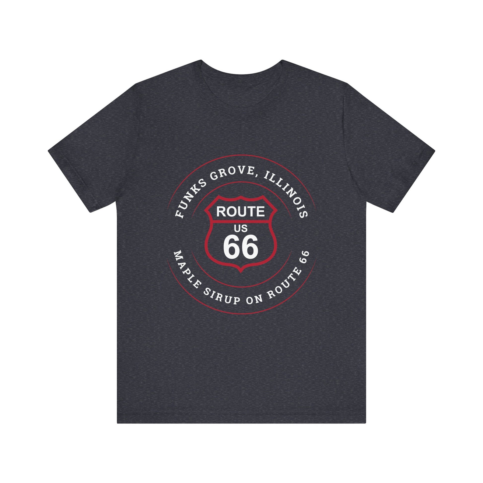 Heather navy retro Route 66 unisex jersey tee with Funks Grove, IL: "Maple Sirup on Route 66" design