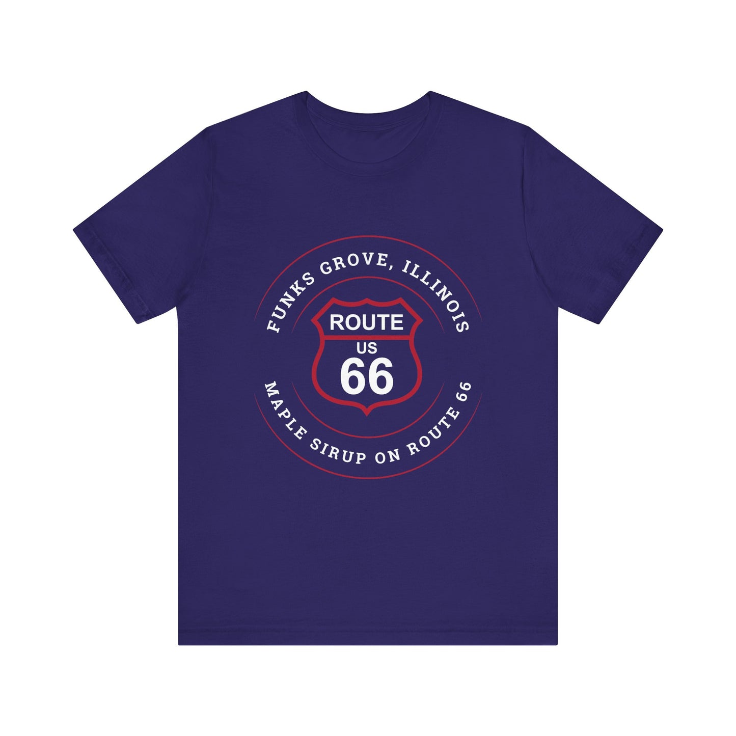 Team navy retro Route 66 unisex jersey tee with Funks Grove, IL: "Maple Sirup on Route 66" design