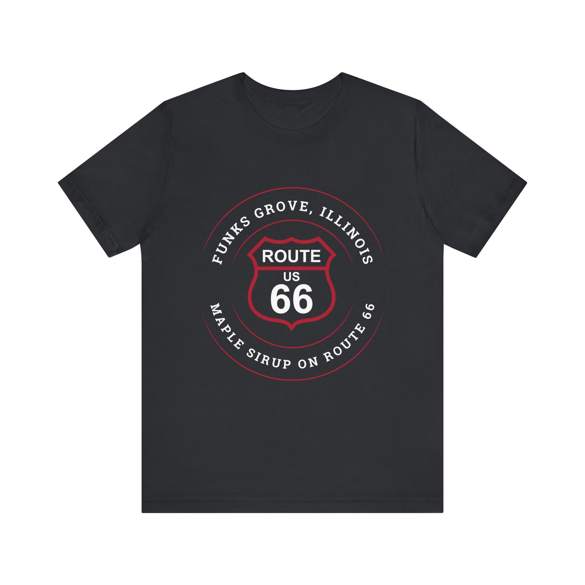 Vintage black retro Route 66 unisex jersey tee with Funks Grove, IL: "Maple Sirup on Route 66" design
