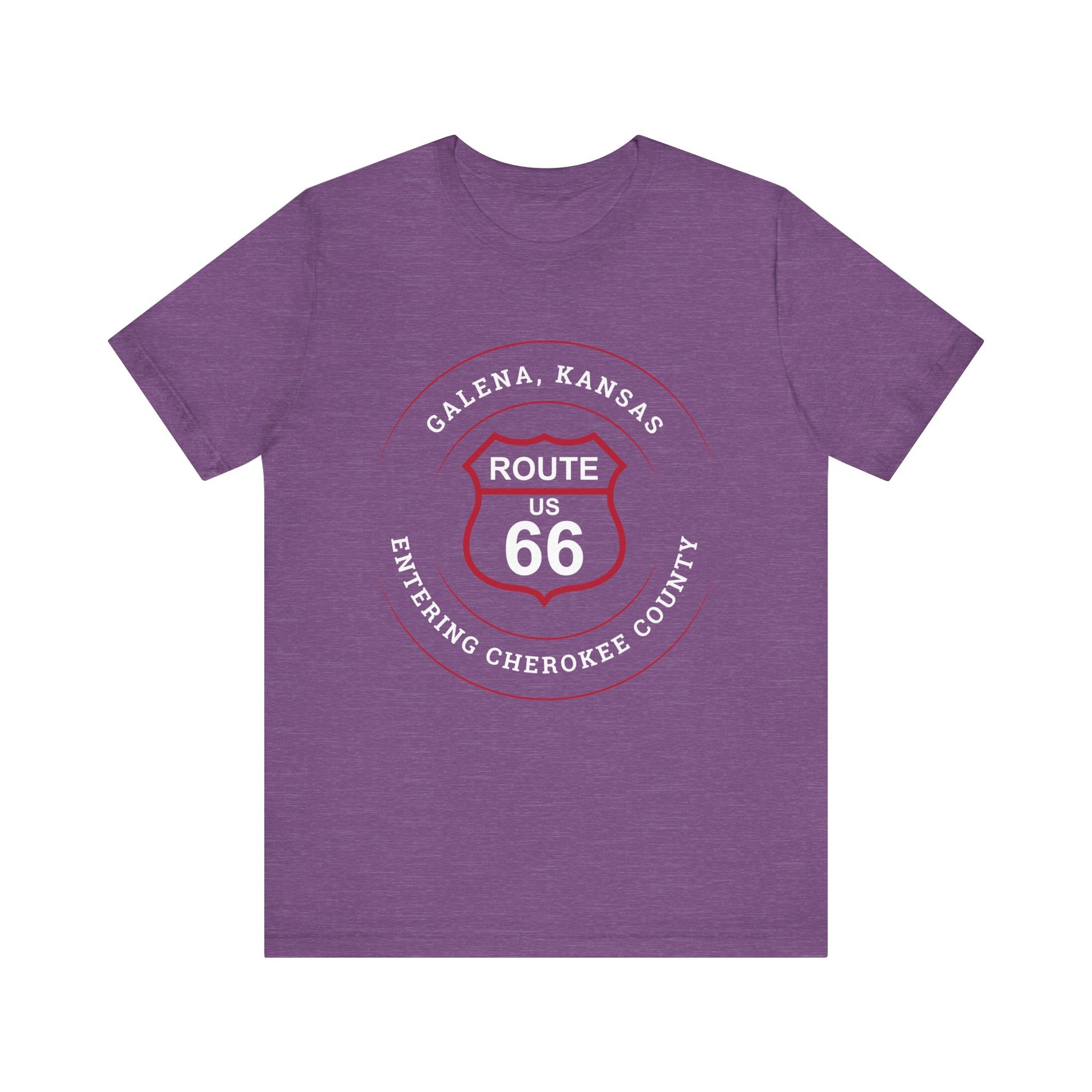 Heather team purple retro Route 66 unisex jersey tee with Galena, KS "Entering Cherokee County" design