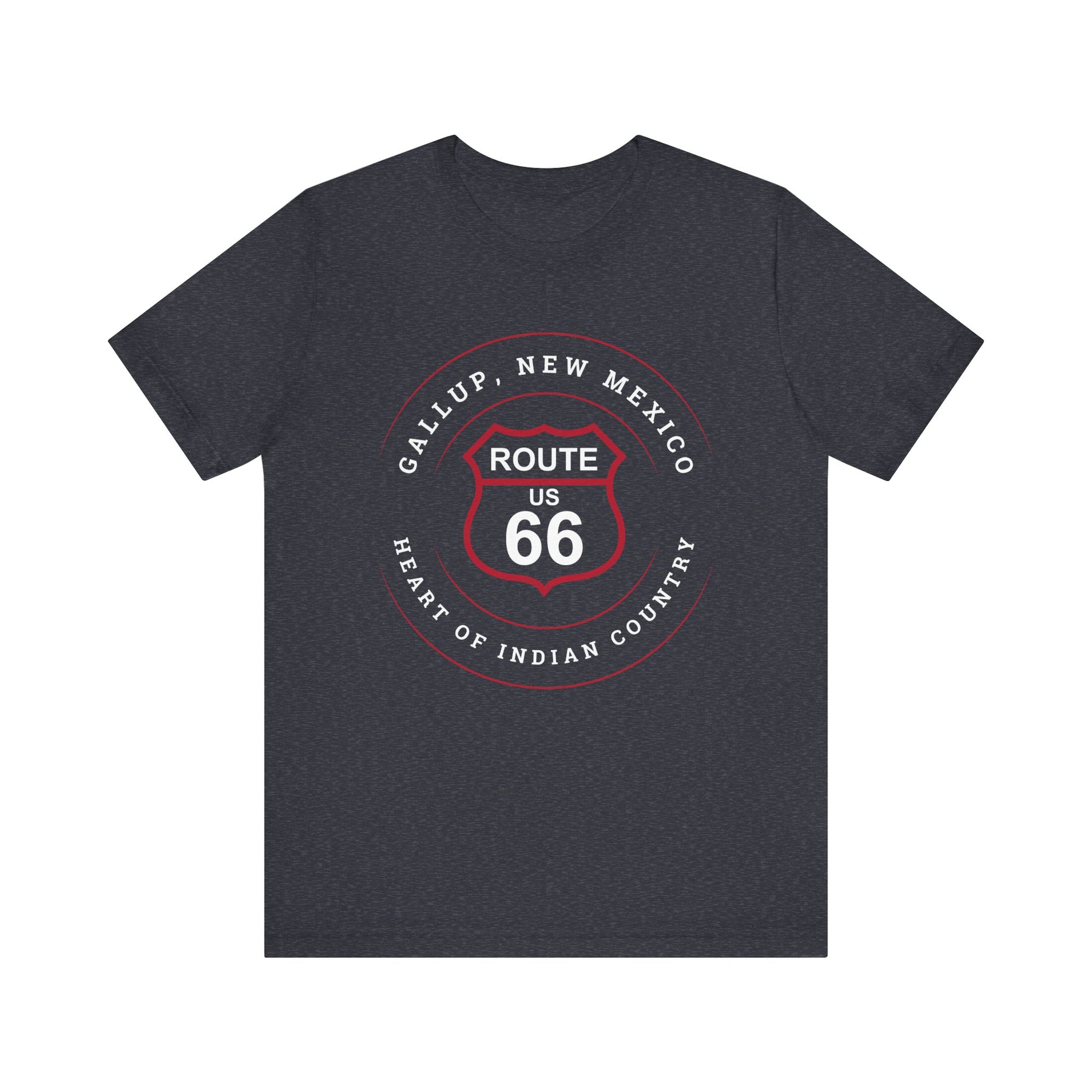 Heather navy retro Route 66 unisex jersey tee with Gallup, NM: "Heart of Indian Country" design