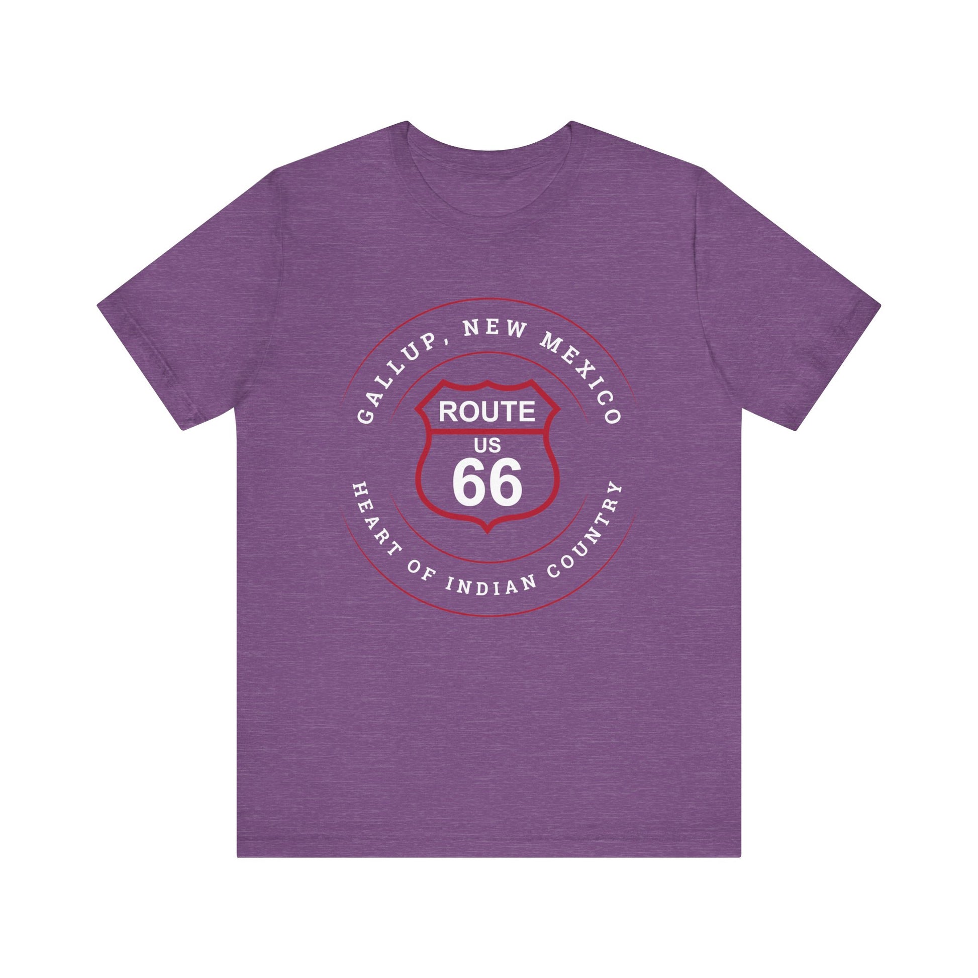 Heather team purple retro Route 66 unisex jersey tee with Gallup, NM: "Heart of Indian Country" design