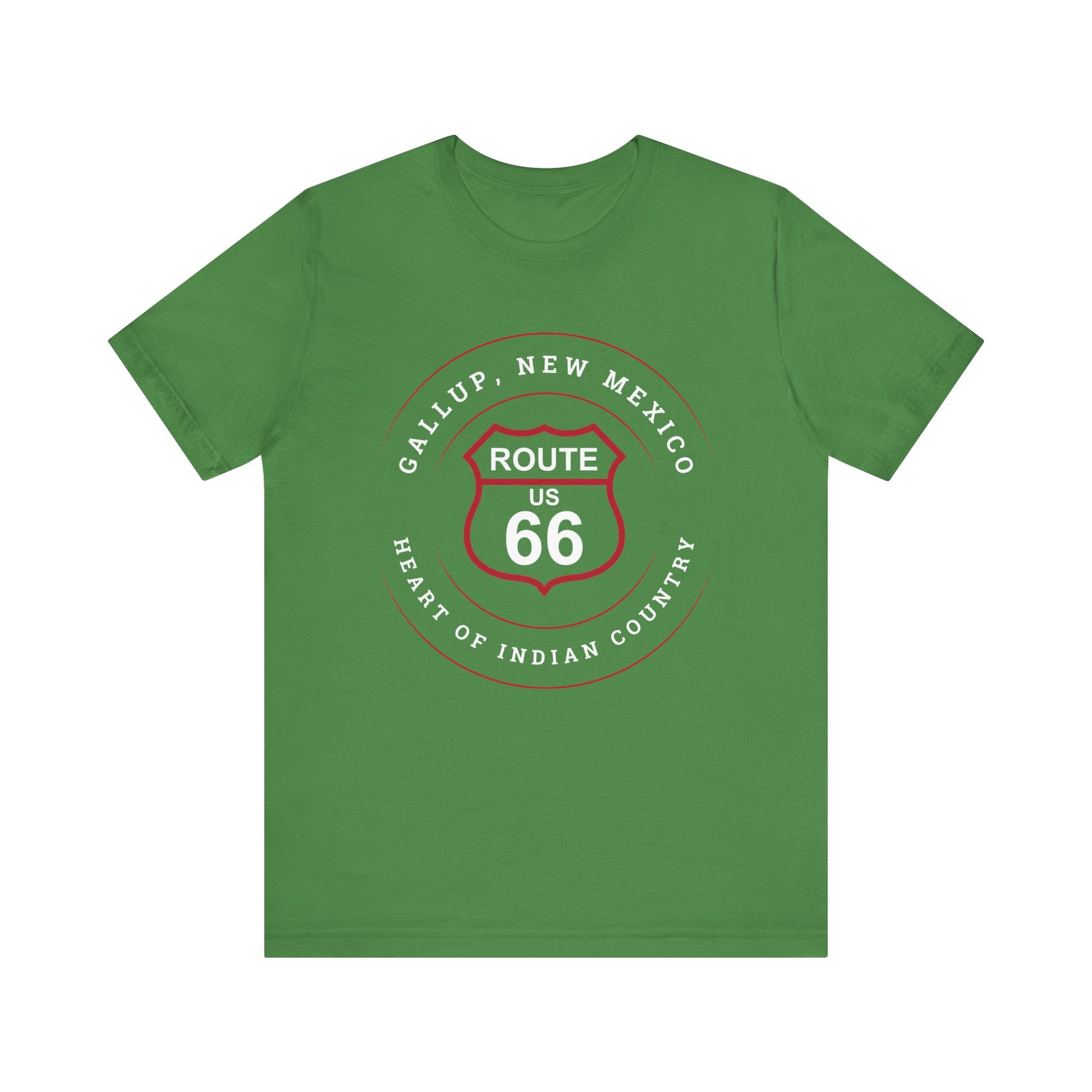 Leaf retro Route 66 unisex jersey tee with Gallup, NM: "Heart of Indian Country" design