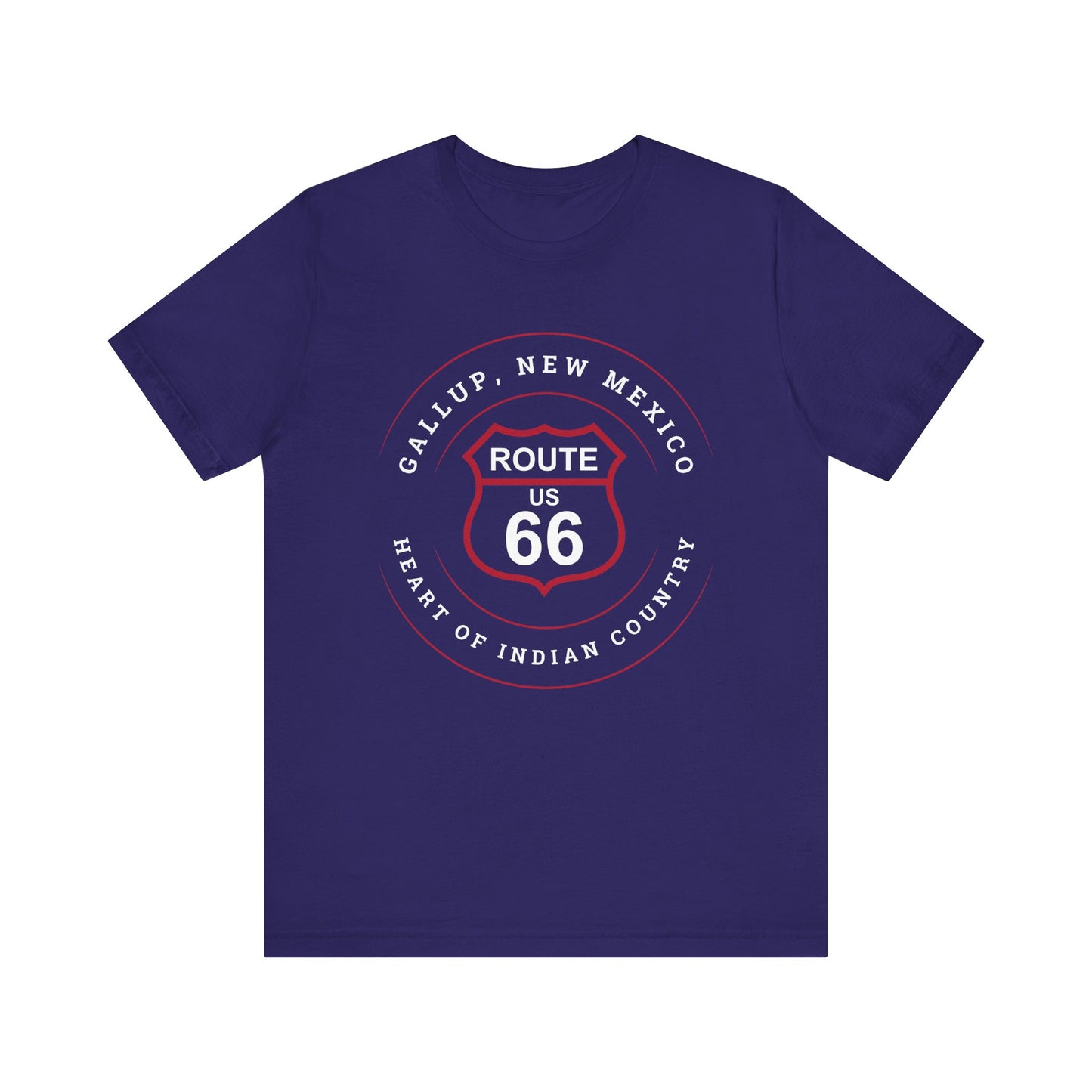 Team navy retro Route 66 unisex jersey tee with Gallup, NM: "Heart of Indian Country" design