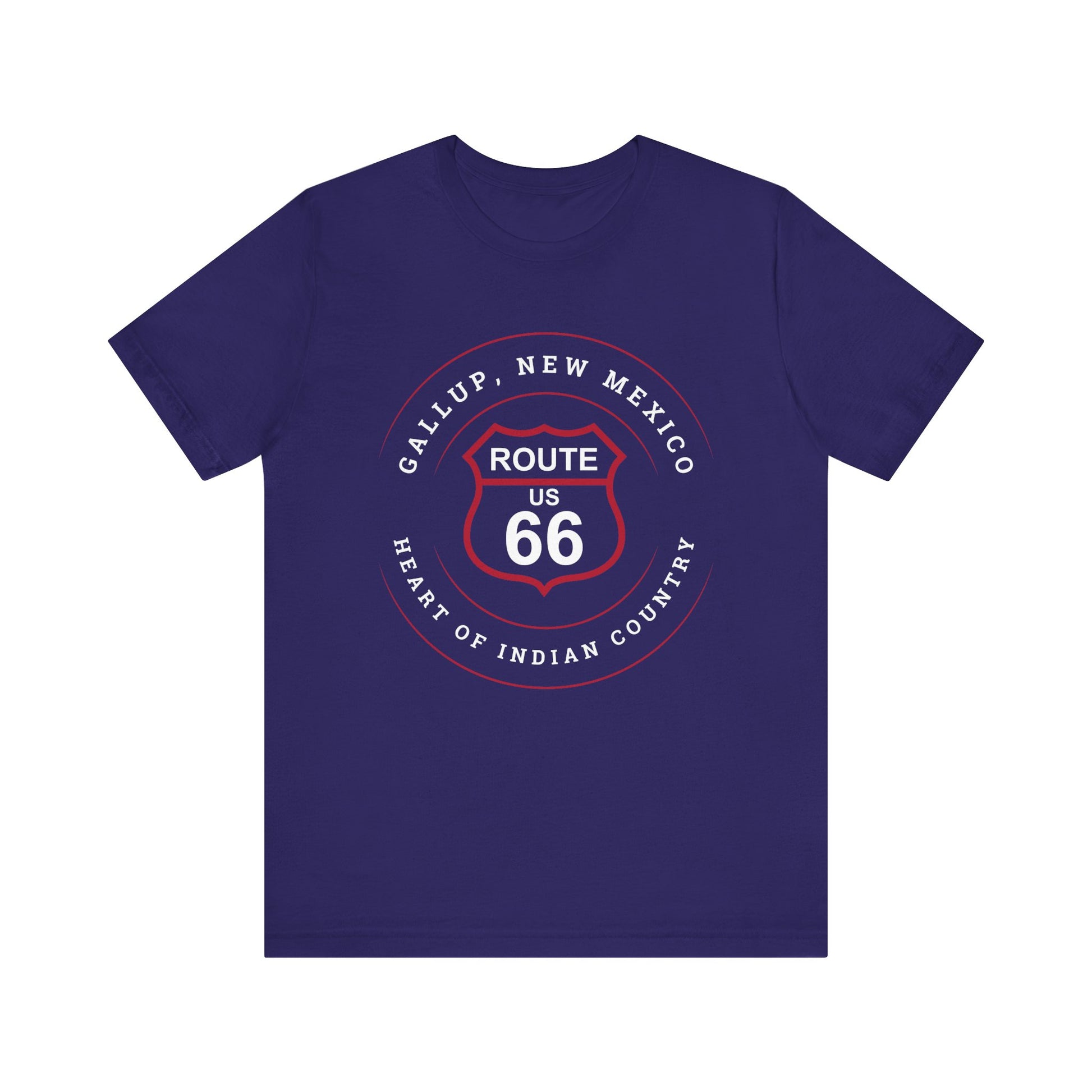 Team navy retro Route 66 unisex jersey tee with Gallup, NM: "Heart of Indian Country" design