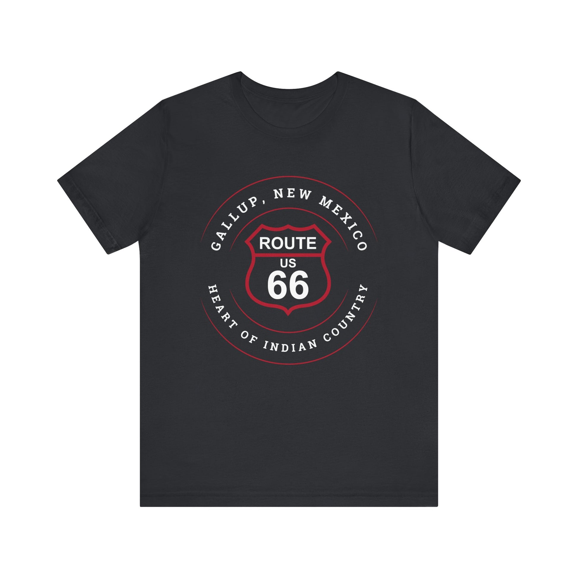 Vintage black retro Route 66 unisex jersey tee with Gallup, NM: "Heart of Indian Country" design