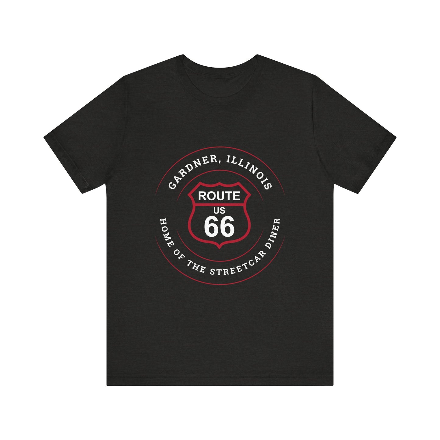 Black heather retro Route 66 unisex jersey tee with Gardner, IL: "Home of the Streetcar Diner" design