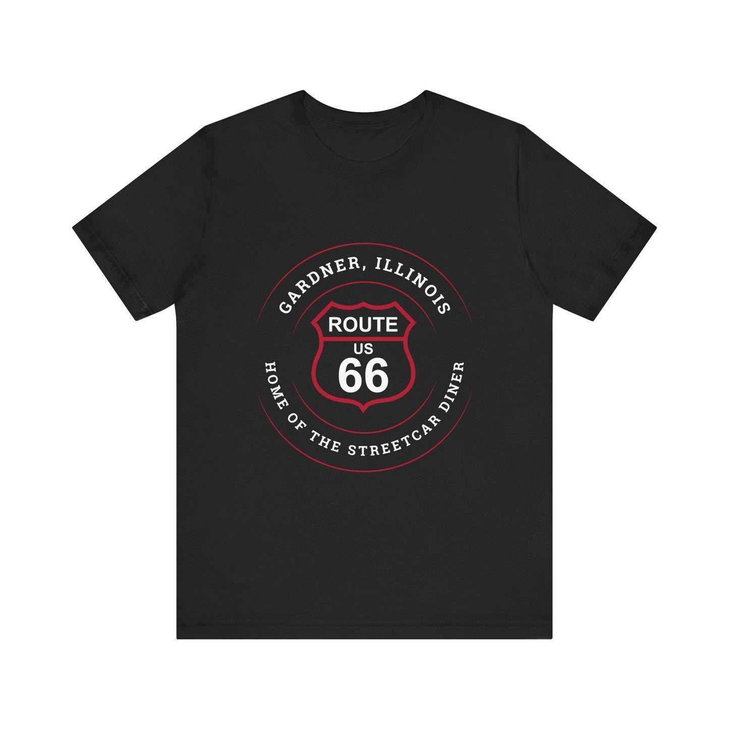 Black retro Route 66 unisex jersey tee with Gardner, IL: "Home of the Streetcar Diner" design
