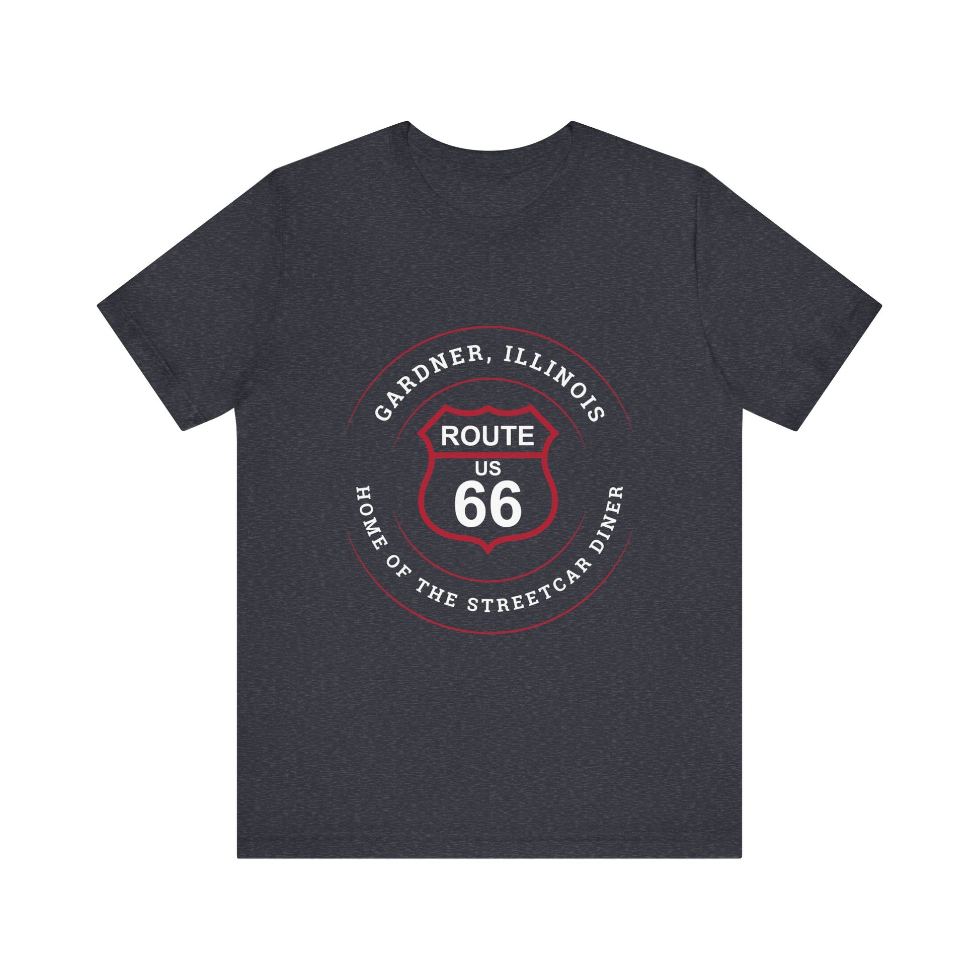 Heather navy retro Route 66 unisex jersey tee with Gardner, IL: "Home of the Streetcar Diner" design