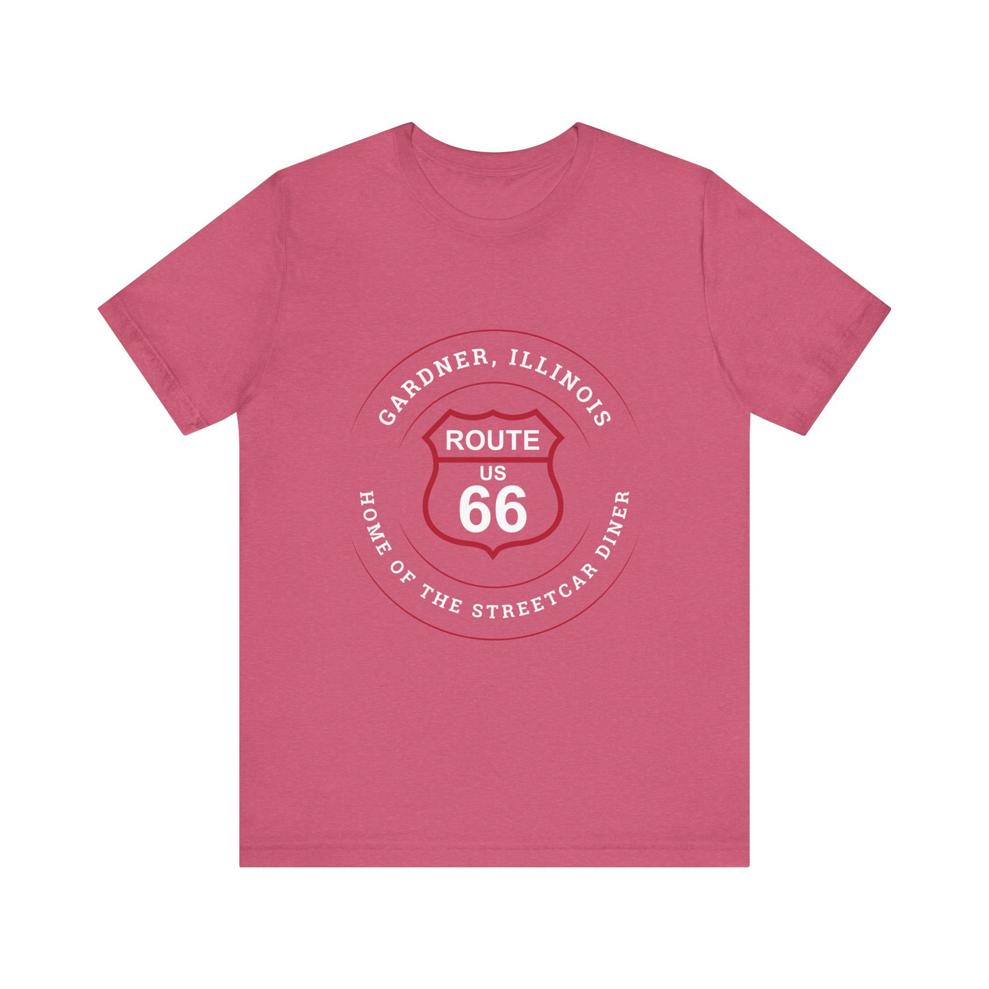 Heather raspberry retro Route 66 unisex jersey tee with Gardner, IL: "Home of the Streetcar Diner" design