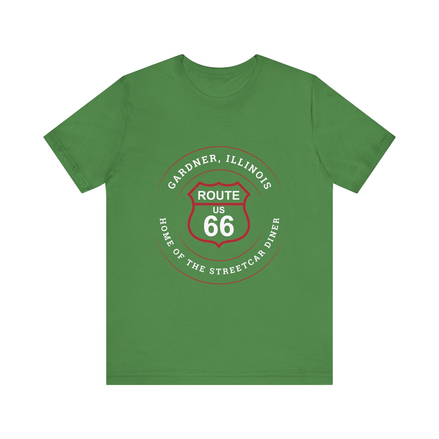 Leaf retro Route 66 unisex jersey tee with Gardner, IL: "Home of the Streetcar Diner" design