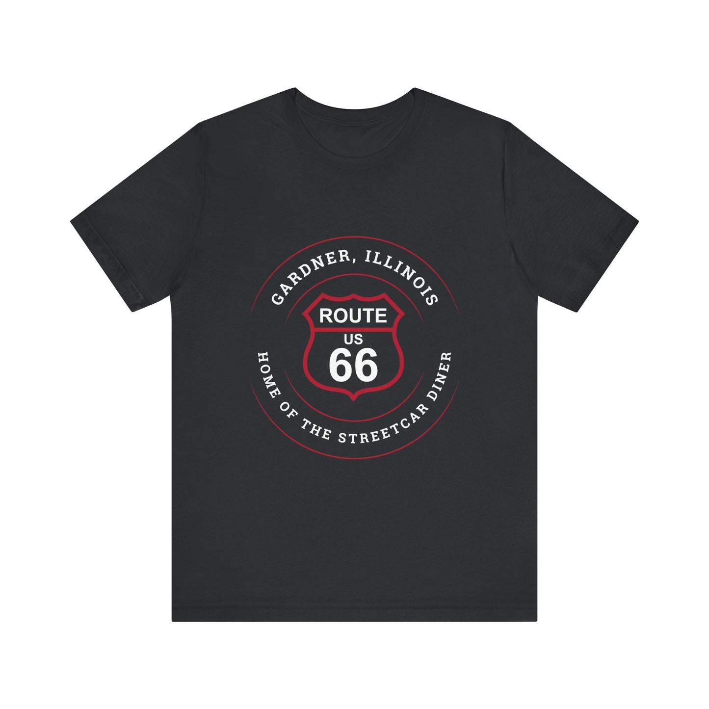 Vintage black retro Route 66 unisex jersey tee with Gardner, IL: "Home of the Streetcar Diner" design