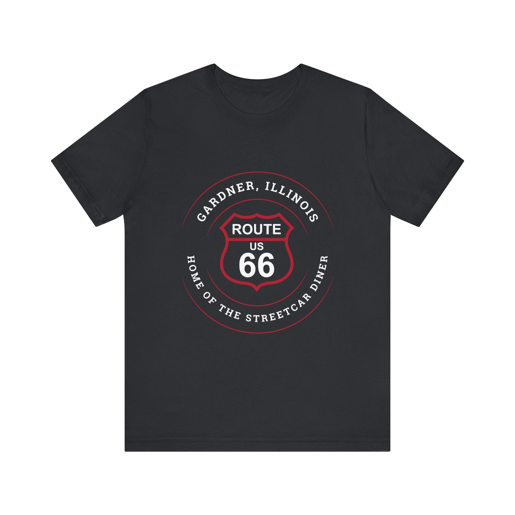 Vintage black retro Route 66 unisex jersey tee with Gardner, IL: "Home of the Streetcar Diner" design