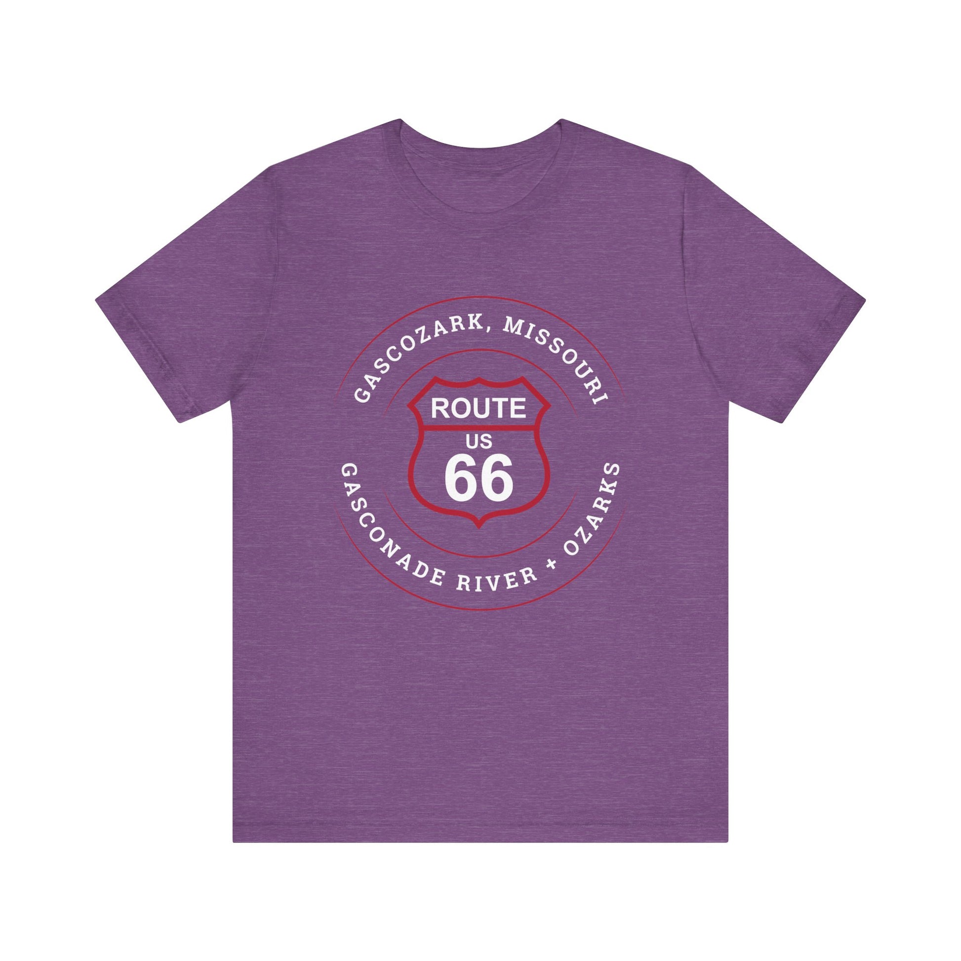 Heather team purple retro Route 66 unisex jersey tee with Gascozark, MO "Gasconade River + Ozark" design