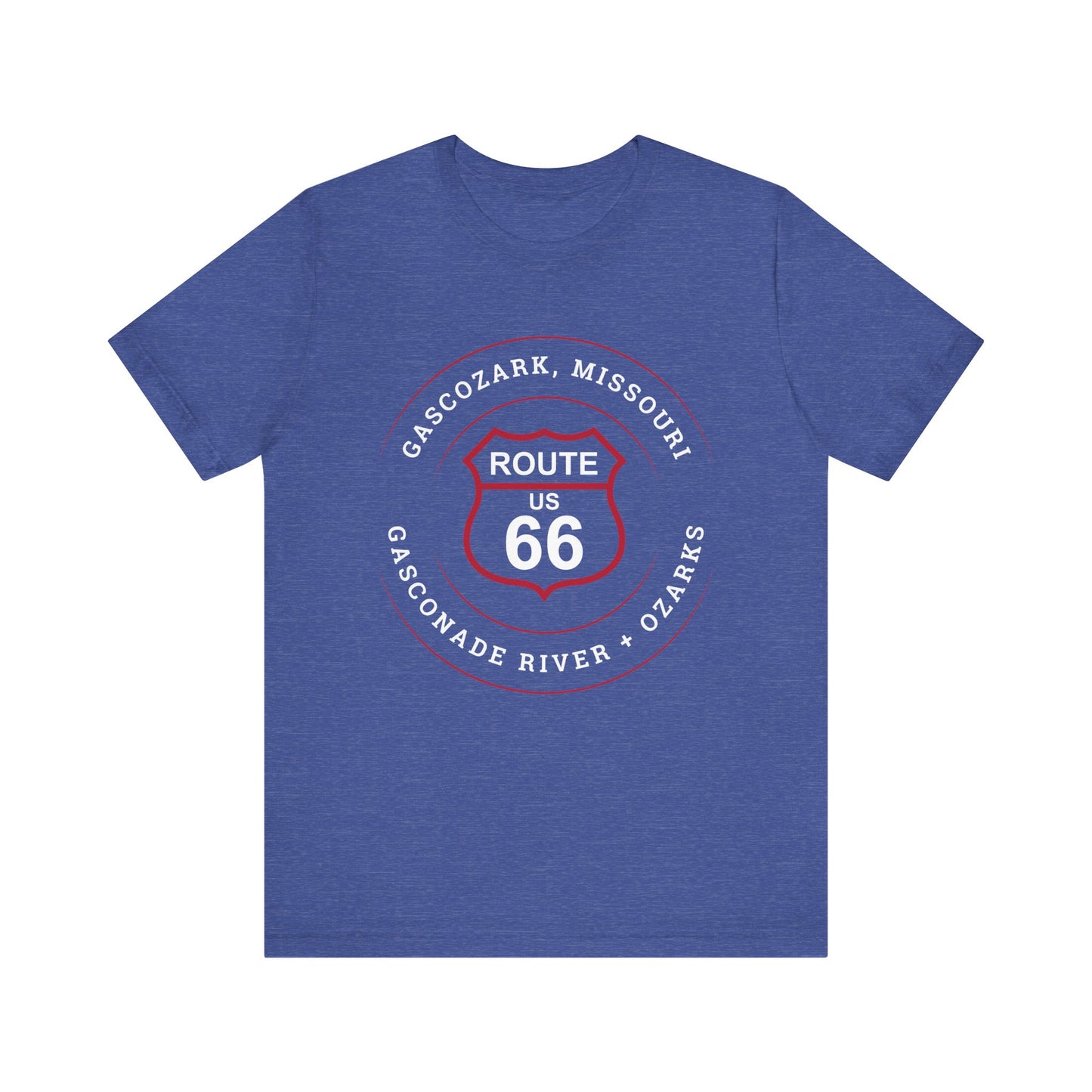 Heather true royal retro Route 66 unisex jersey tee with Gascozark, MO "Gasconade River + Ozark" design