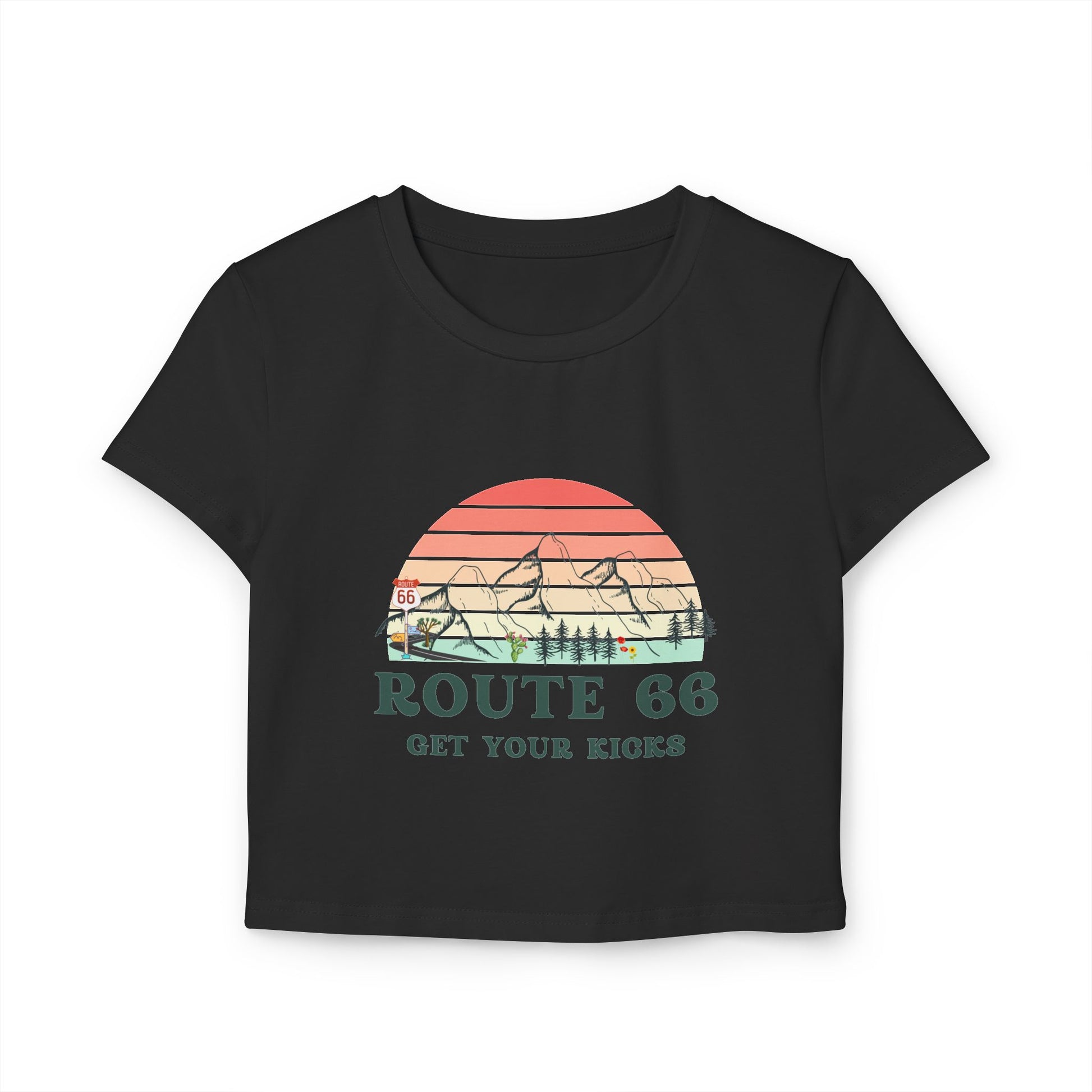 Black Route 66 "Get Your Kicks" women's baby tee with vintage sunset and mountain graphic, flat lay view.