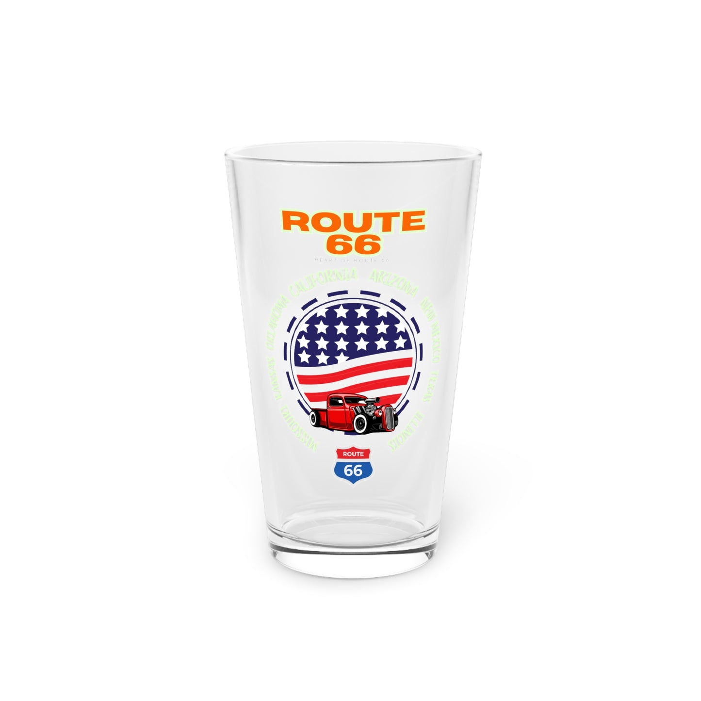 Front view of Route 66 16oz pint glass featuring patriotic American flag circle, vintage red truck graphic, and eight-state Mother Road design