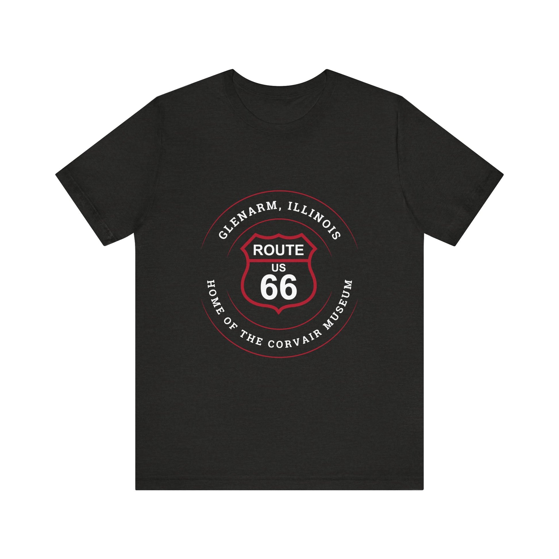 Black heather retro Route 66 unisex jersey tee with Glenarm, IL:: "Home of the Corvair Museum" design