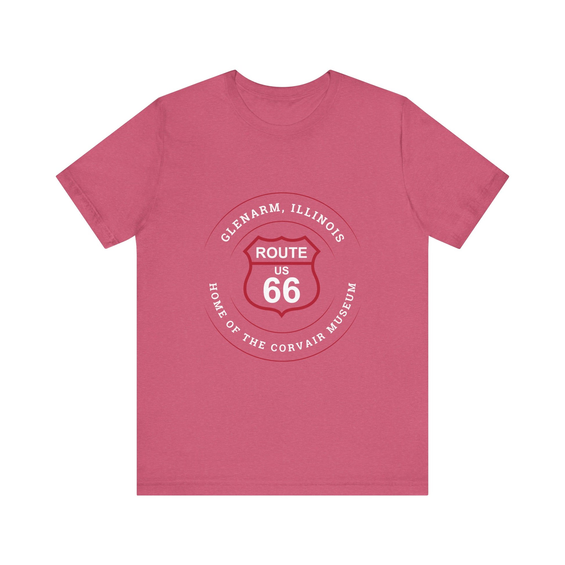 Heather raspberry retro Route 66 unisex jersey tee with Glenarm, IL:: "Home of the Corvair Museum" design