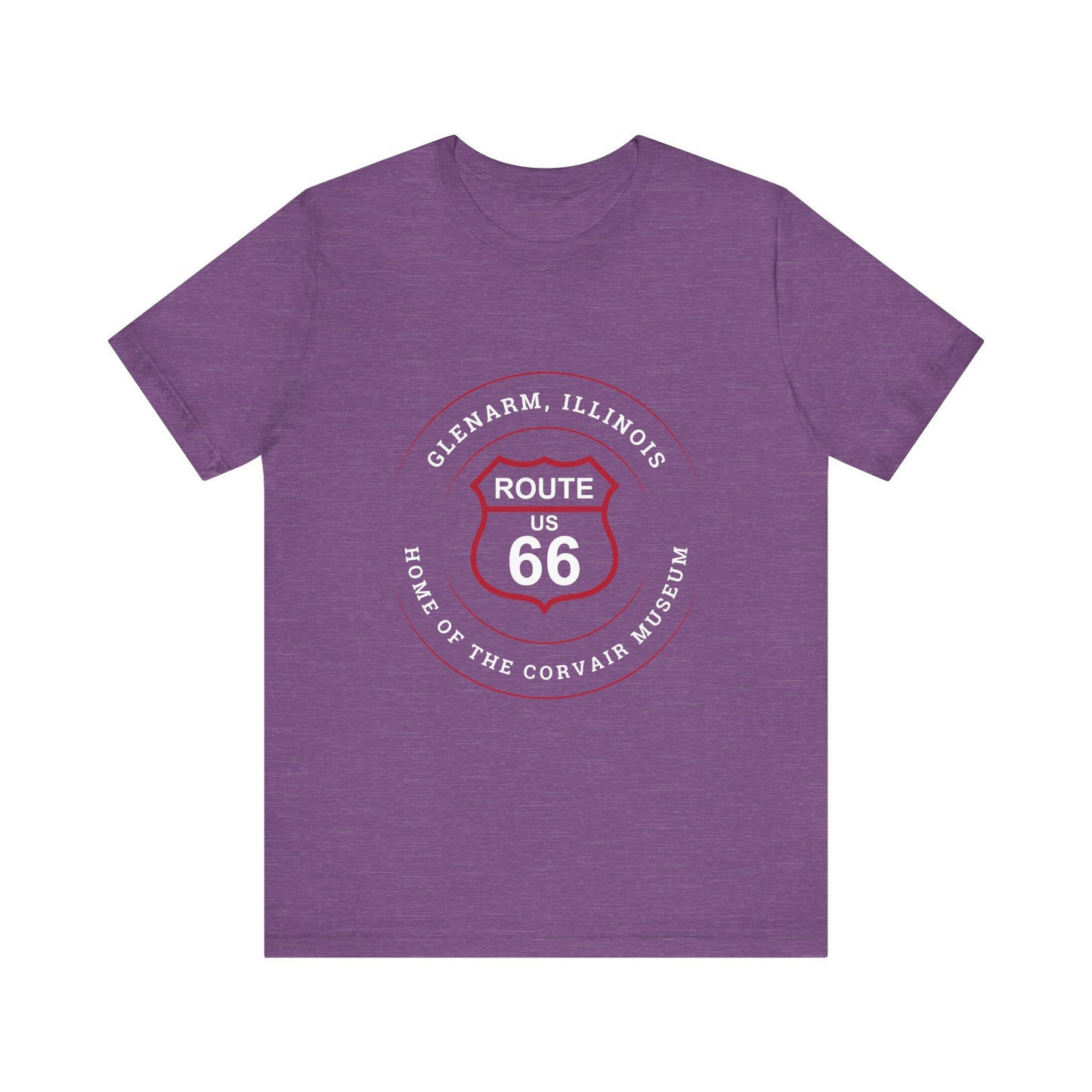 Heather team purple retro Route 66 unisex jersey tee with Glenarm, IL:: "Home of the Corvair Museum" design