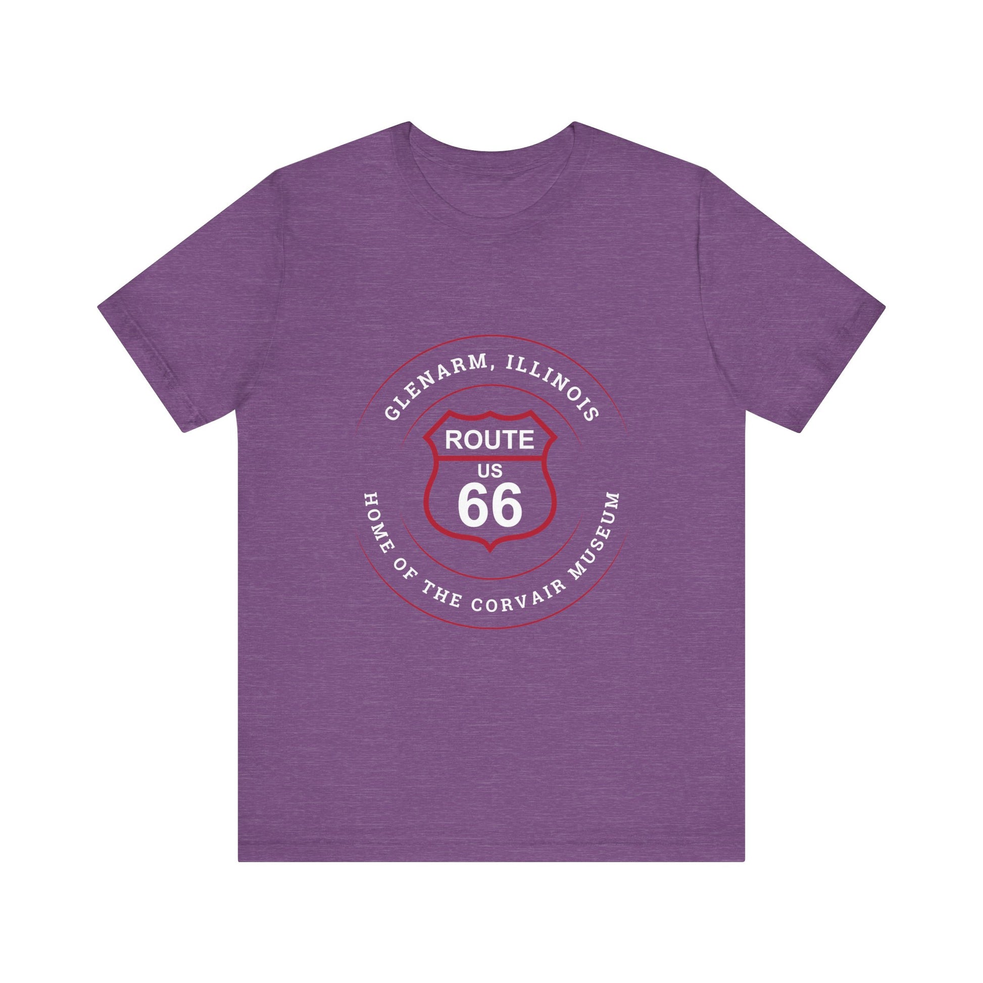 Heather team purple retro Route 66 unisex jersey tee with Glenarm, IL:: "Home of the Corvair Museum" design
