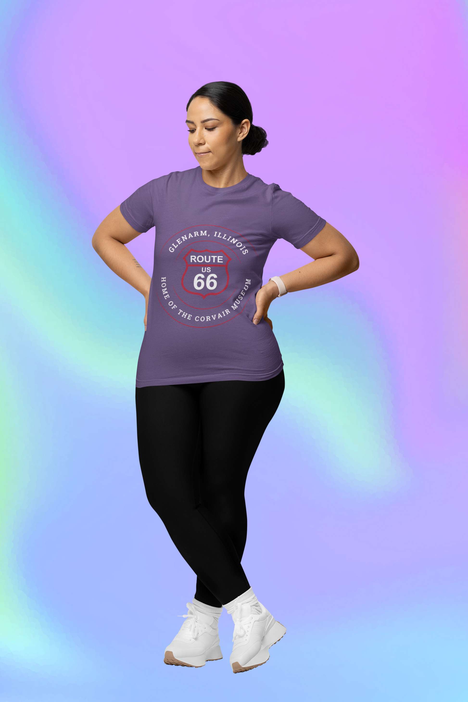 Female model wearing a heather team purple retro Route 66 unisex jersey tee with a Glenarm, IL:: "Home of the Corvair Museum" design