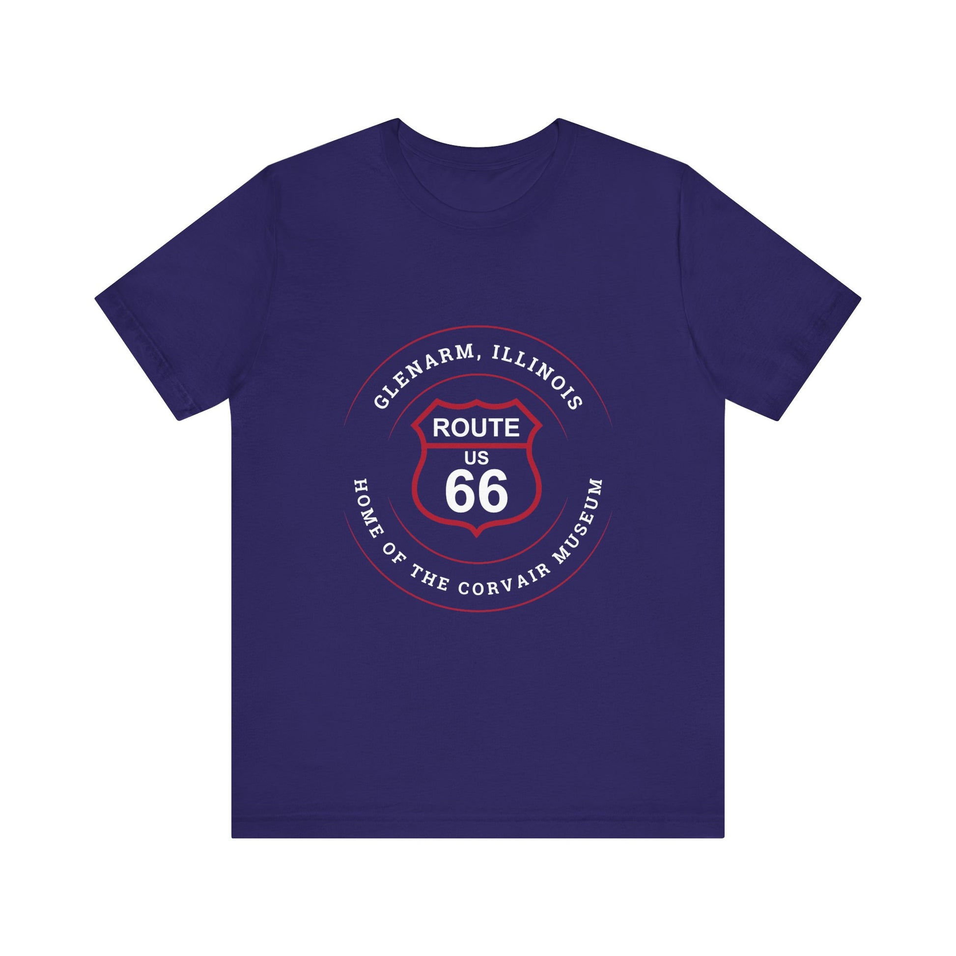 Team navy retro Route 66 unisex jersey tee with Glenarm, IL:: "Home of the Corvair Museum" design