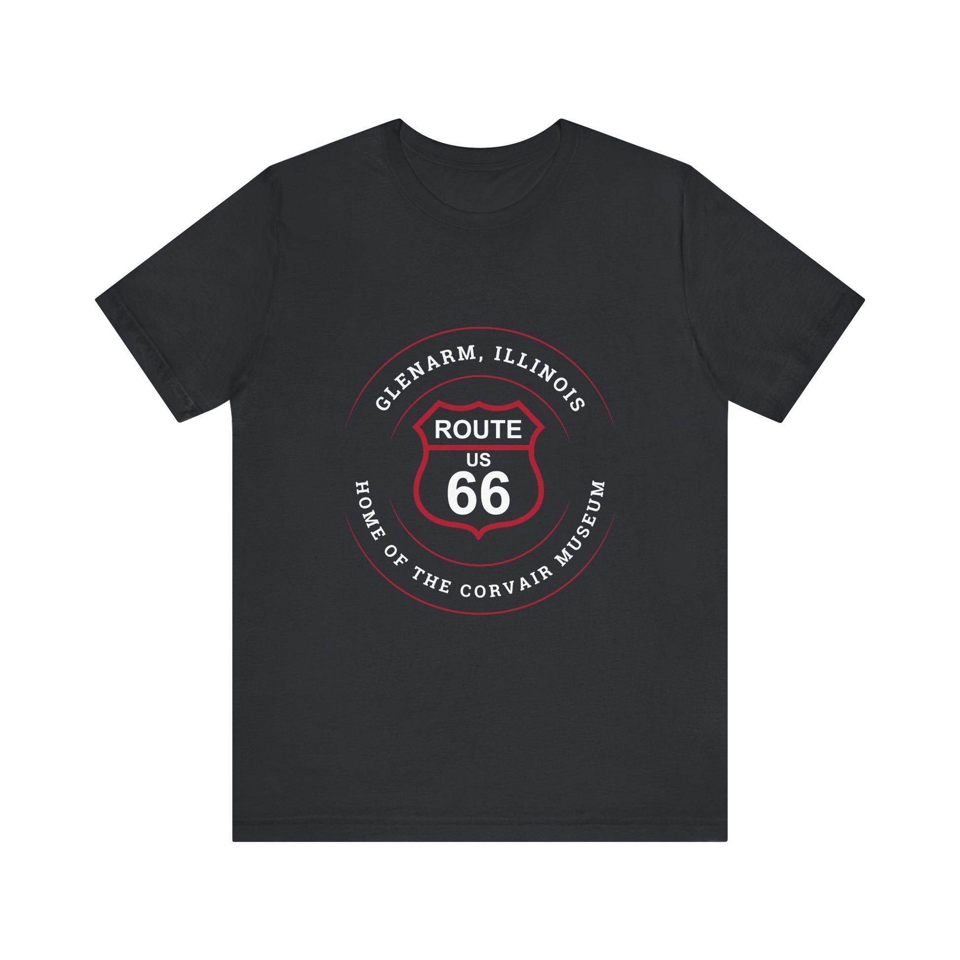 Vintage black retro Route 66 unisex jersey tee with Glenarm, IL:: "Home of the Corvair Museum" design