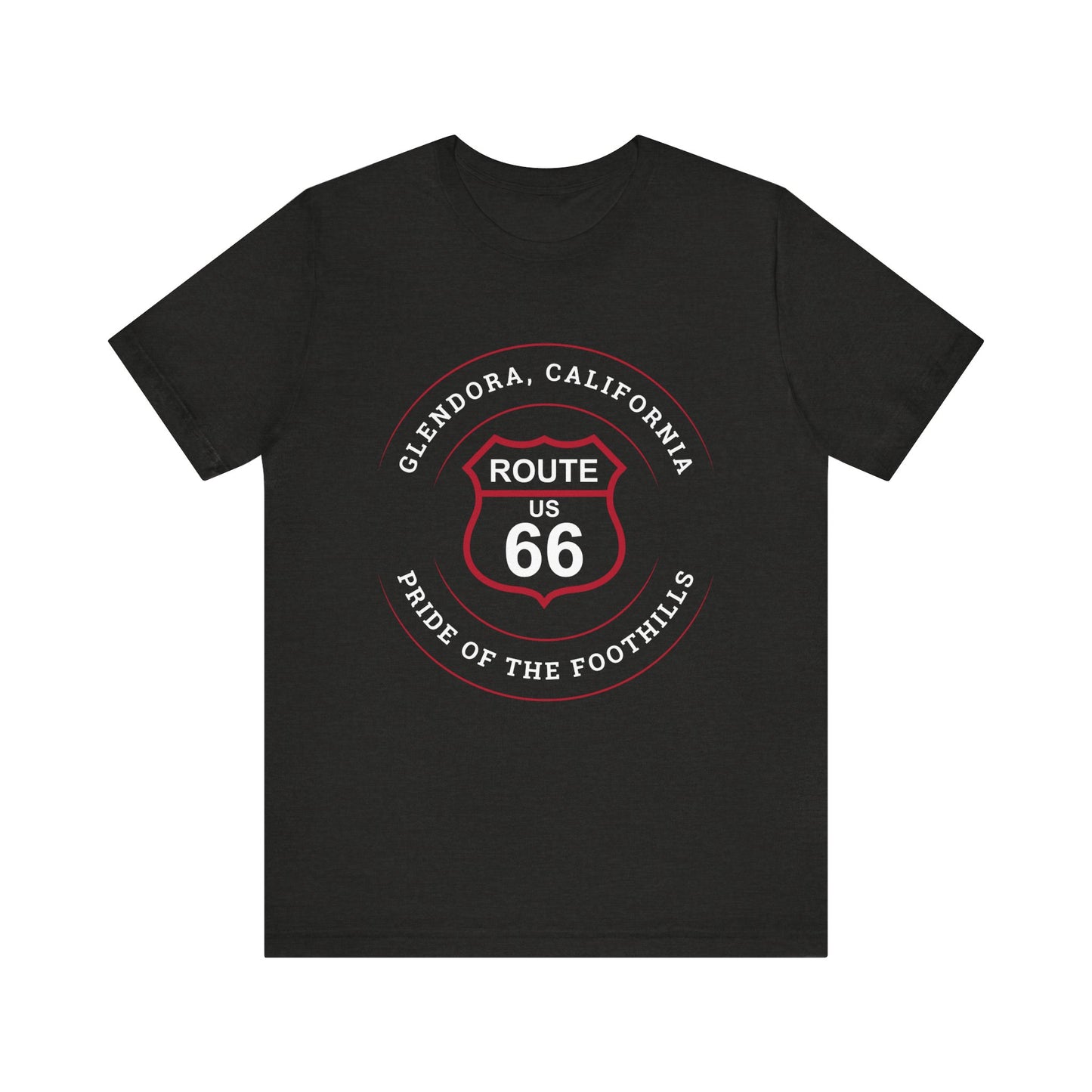 Black heather retro Route 66 unisex jersey tee with Glendora, CA: "Pride of the Foothills" design