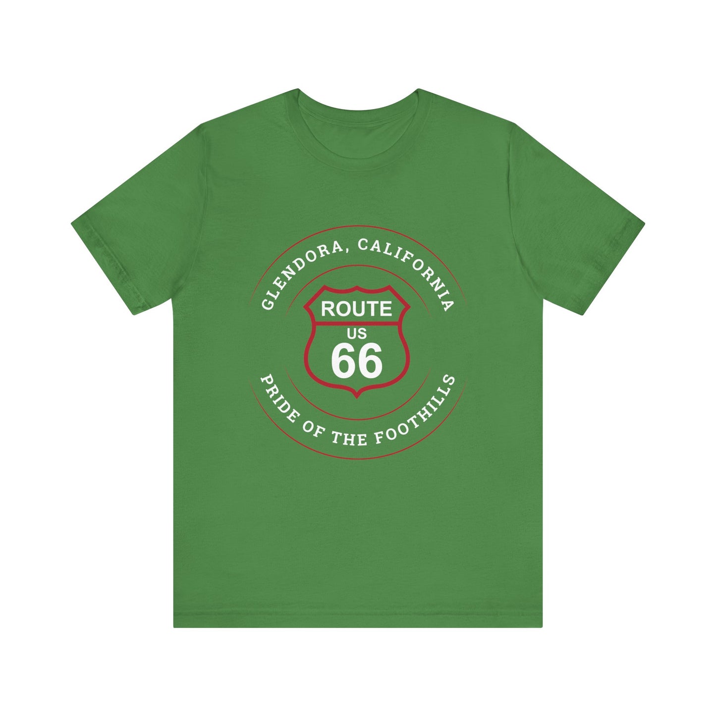 Leaf retro Route 66 unisex jersey tee with Glendora, CA: "Pride of the Foothills" design