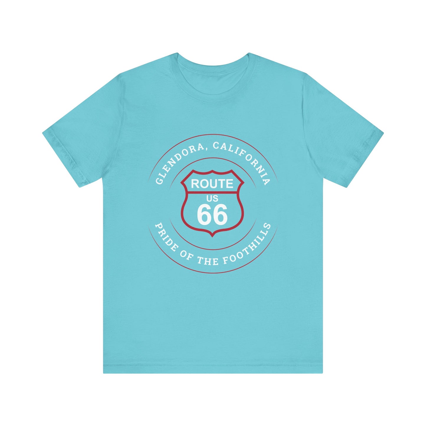 Turquoise retro Route 66 unisex jersey tee with Glendora, CA: "Pride of the Foothills" design