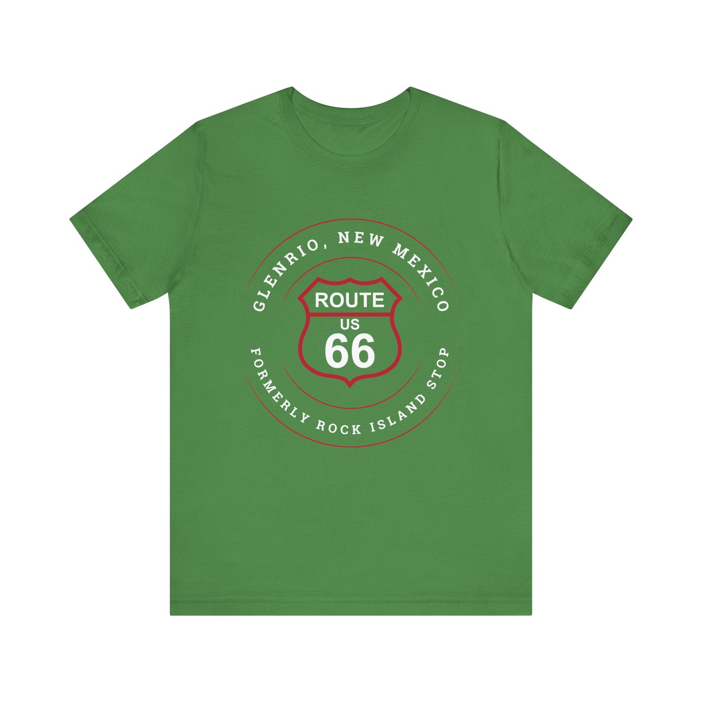 Leaf retro Route 66 unisex jersey tee with Glenrio, NM: "Formerly Rock Island" design