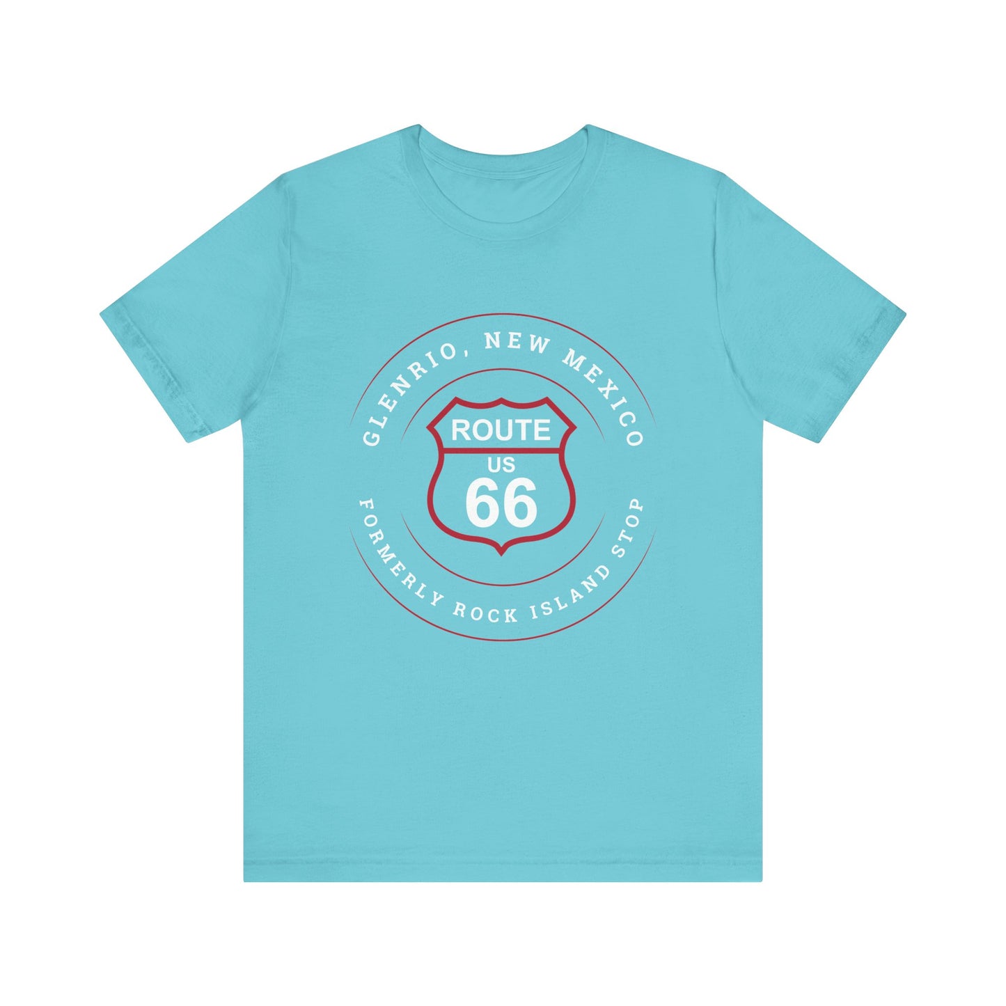 Turquoise retro Route 66 unisex jersey tee with Glenrio, NM: "Formerly Rock Island" design
