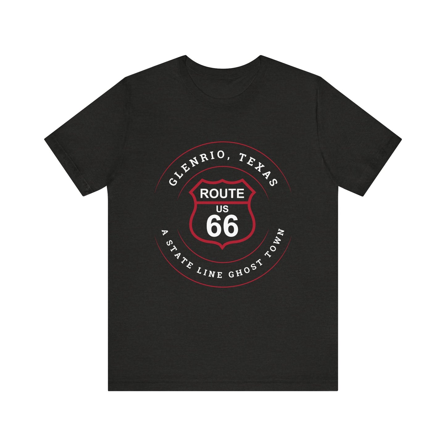 Black heather retro Route 66 unisex jersey tee with Glenrio, TX: A State Line Ghost Town