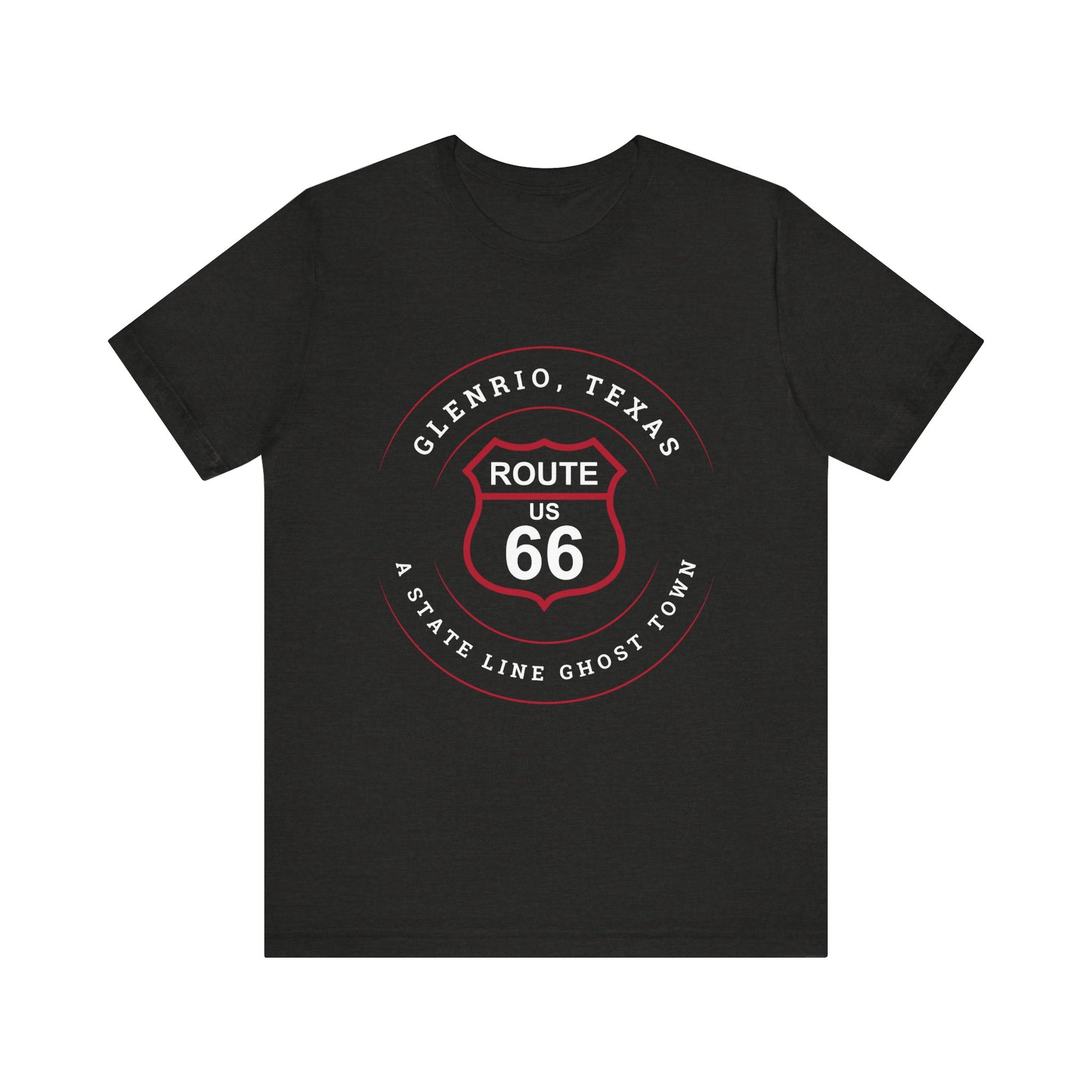 Black heather retro Route 66 unisex jersey tee with Glenrio, TX: A State Line Ghost Town