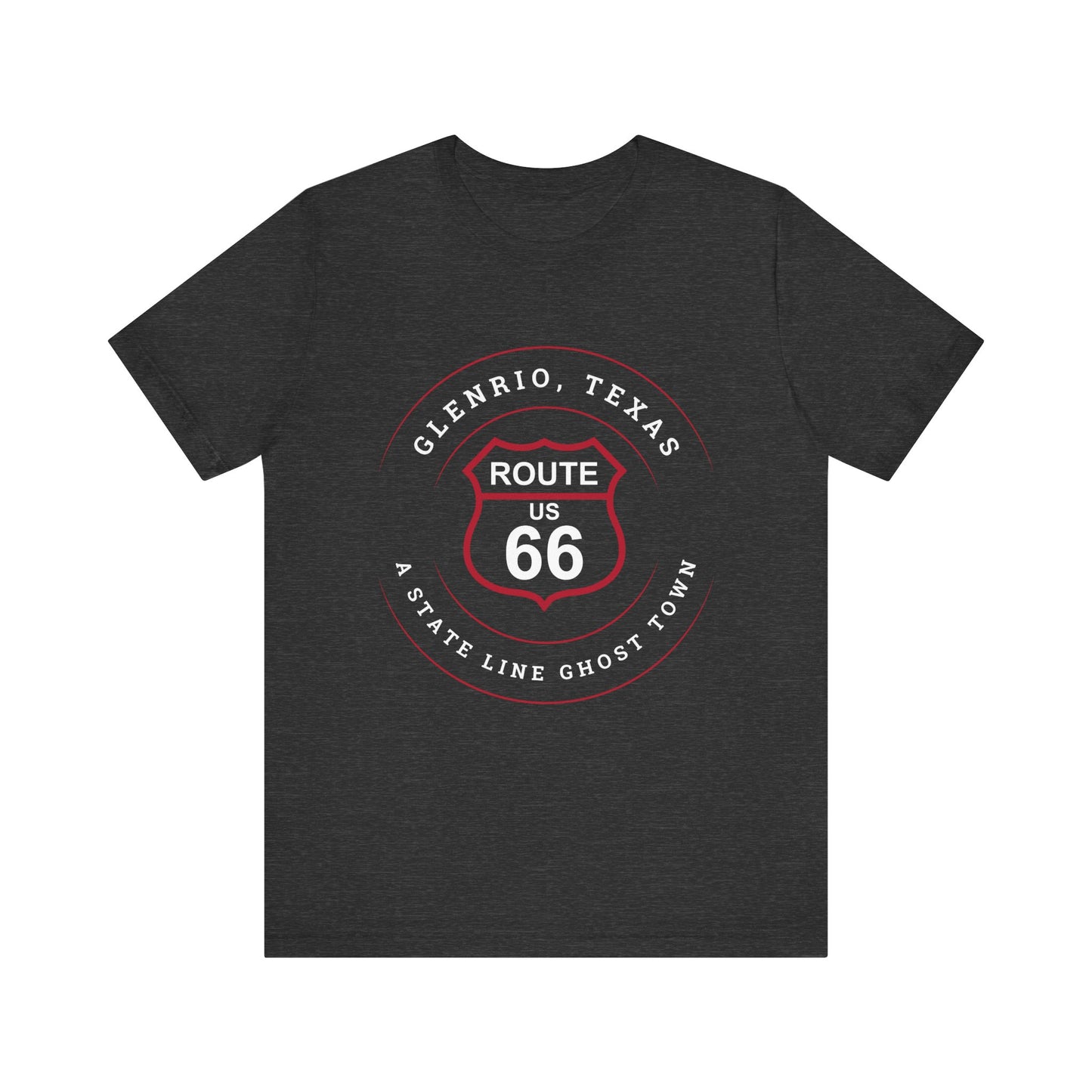 Dark grey heather retro Route 66 unisex jersey tee with Glenrio, TX: A State Line Ghost Town