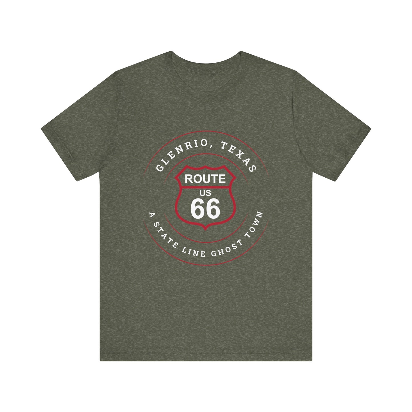 Heather military green retro Route 66 unisex jersey tee with Glenrio, TX: A State Line Ghost Town