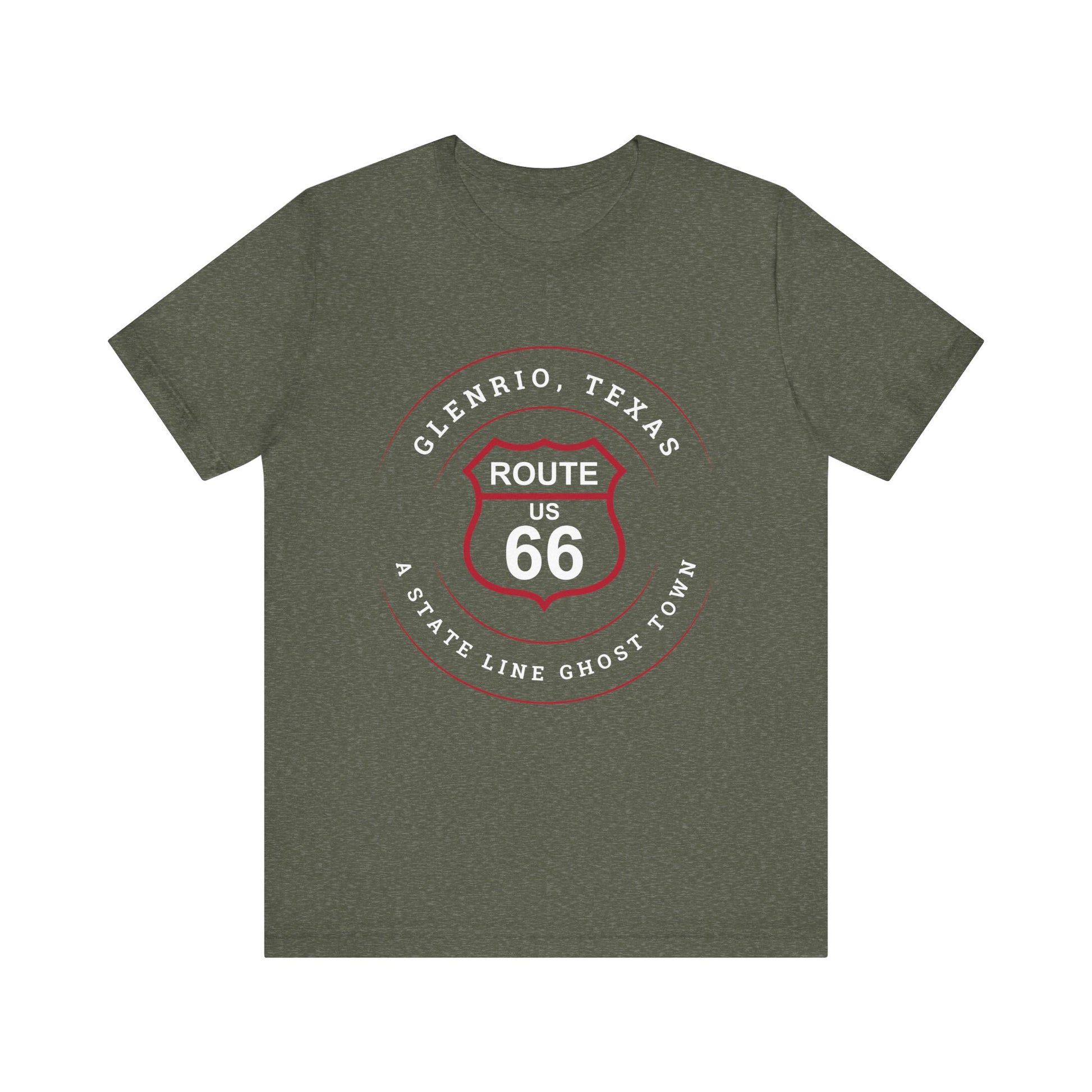 Heather military green retro Route 66 unisex jersey tee with Glenrio, TX: A State Line Ghost Town