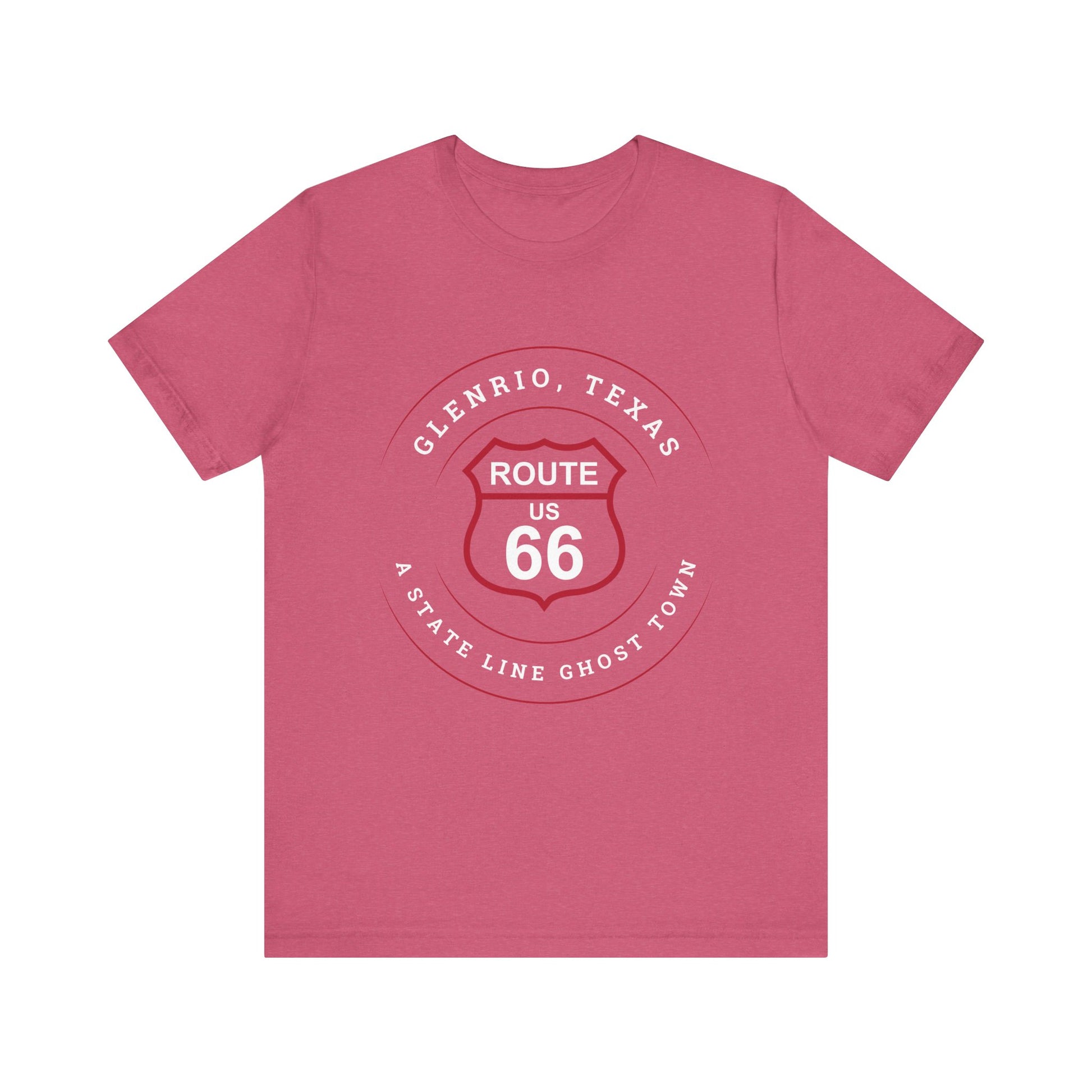 Heather raspberry retro Route 66 unisex jersey tee with Glenrio, TX: A State Line Ghost Town