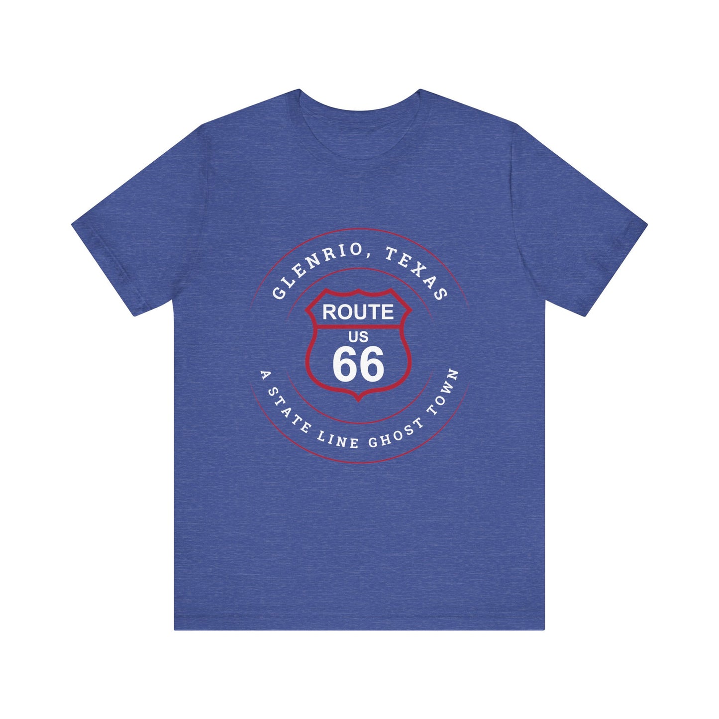 Heather true royal retro Route 66 unisex jersey tee with Glenrio, TX: A State Line Ghost Town
