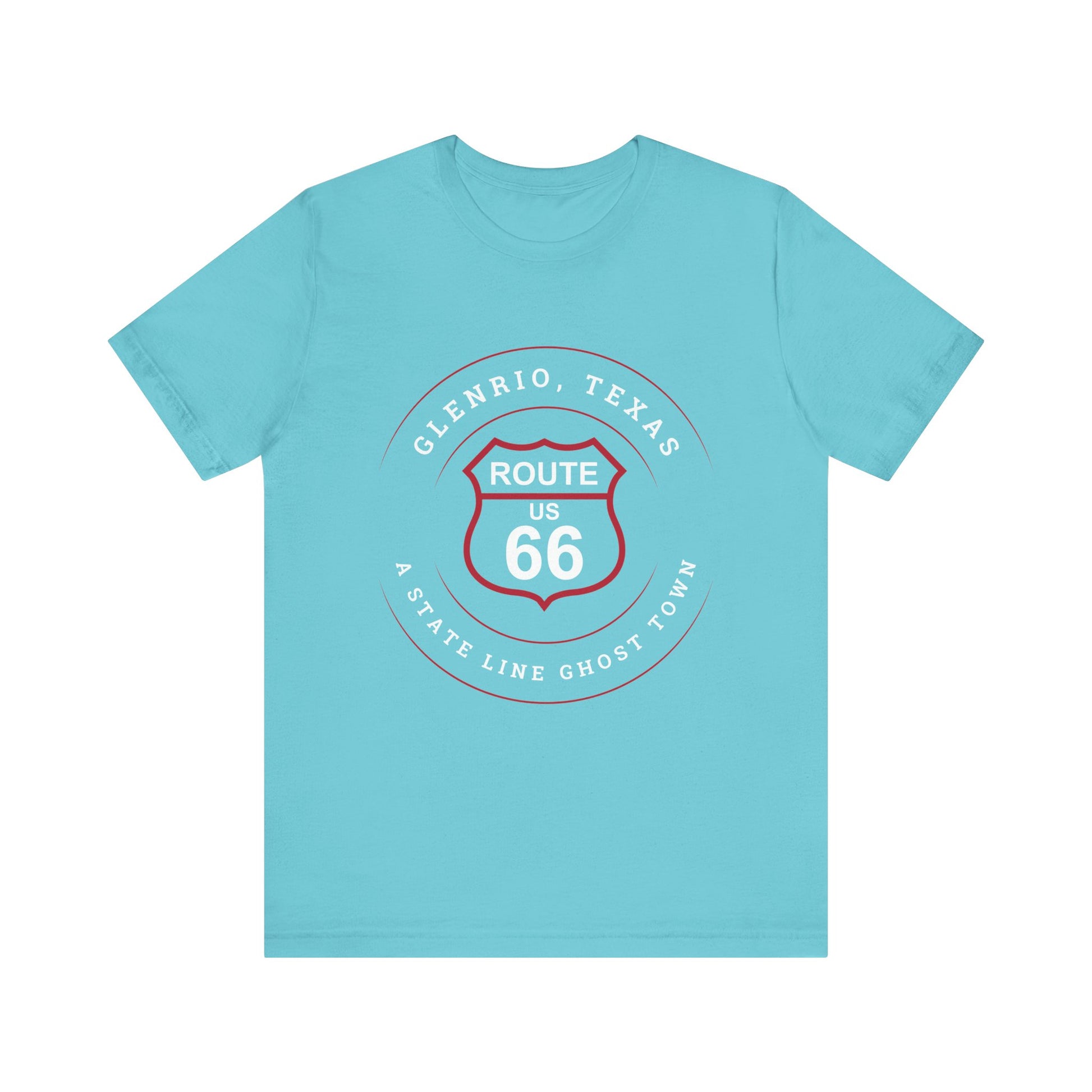 Turquoise retro Route 66 unisex jersey tee with Glenrio, TX: A State Line Ghost Town