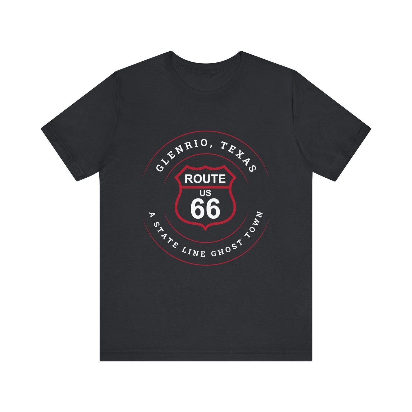 Vintage black retro Route 66 unisex jersey tee with Glenrio, TX: A State Line Ghost Town